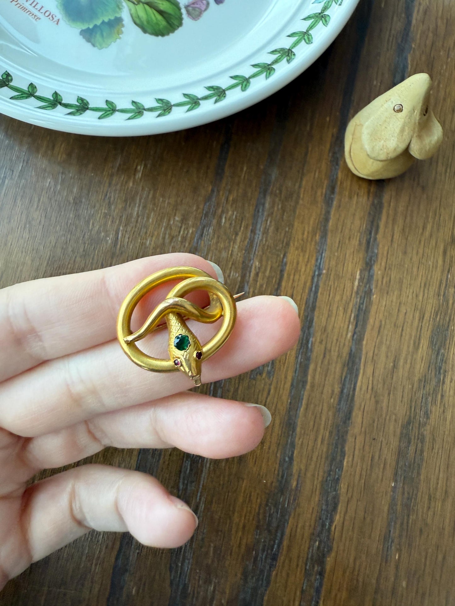 SNAKE Victorian Antique Figural 18k Gold Solid French Brooch w/ Pendant Holder Extender Connector Green Emerald Head Ruby Eyes