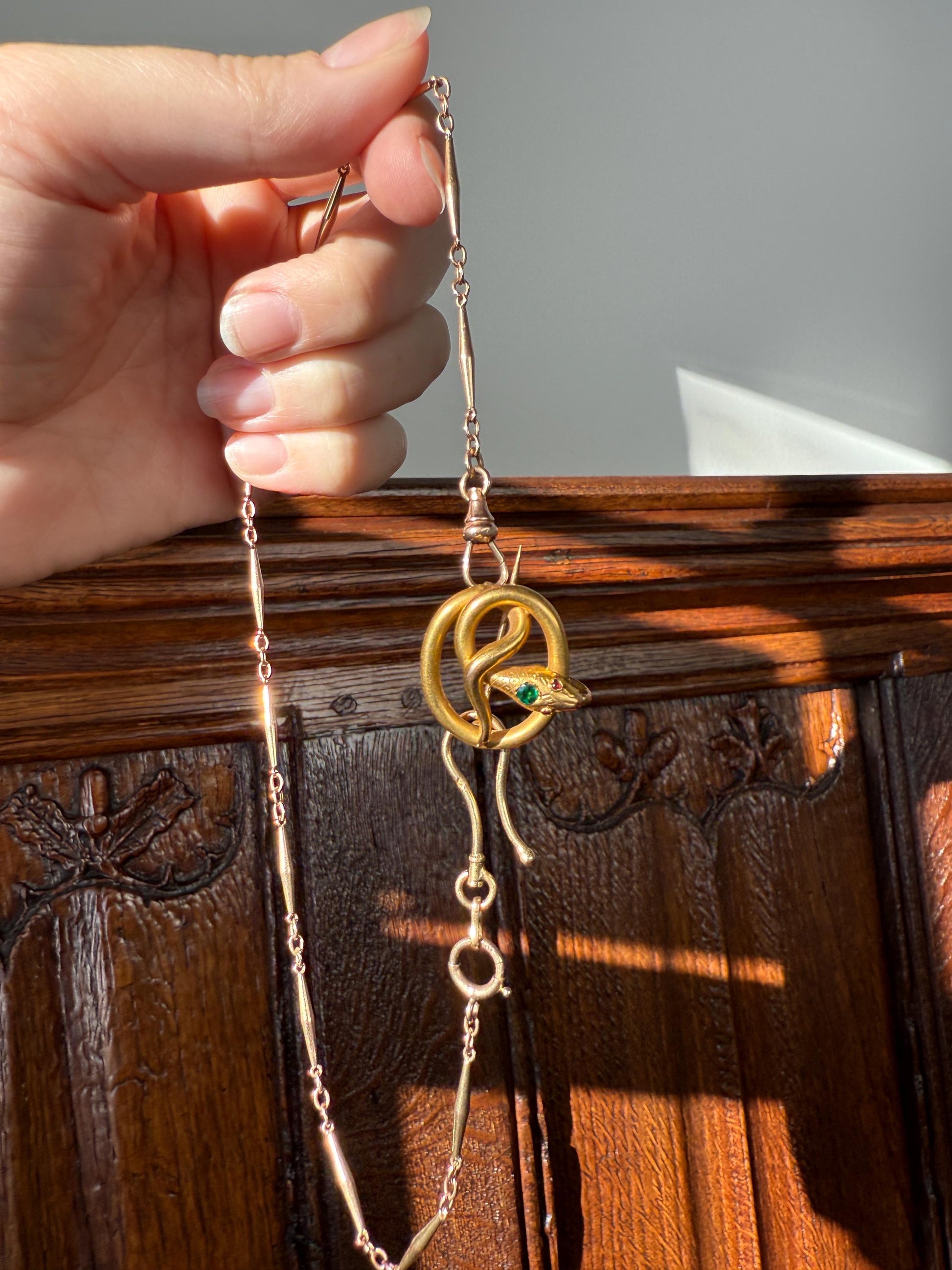 SNAKE Victorian Antique Figural 18k Gold Solid French Brooch w/ Pendant Holder Extender Connector Green Emerald Head Ruby Eyes