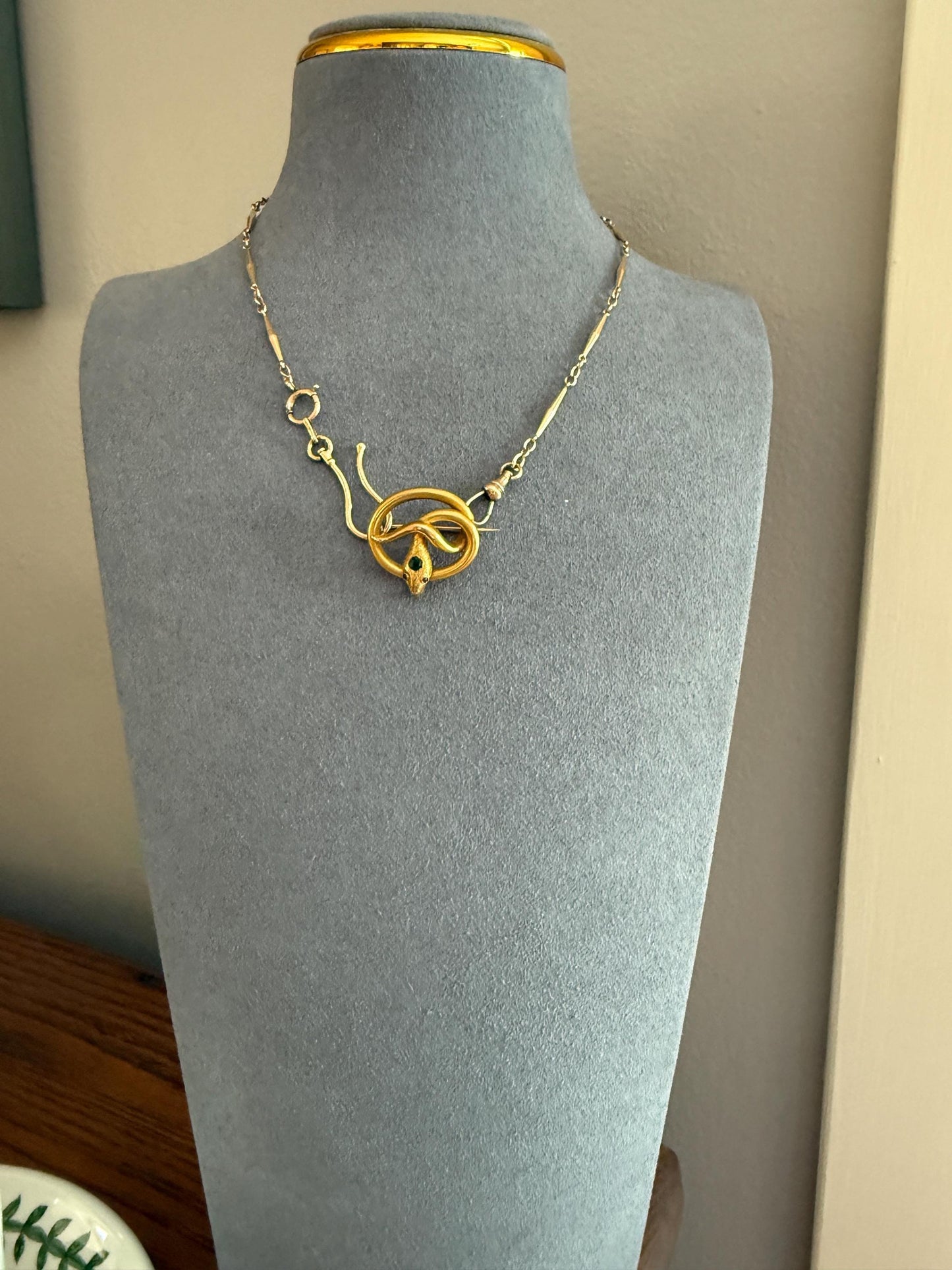 SNAKE Victorian Antique Figural 18k Gold Solid French Brooch w/ Pendant Holder Extender Connector Green Emerald Head Ruby Eyes