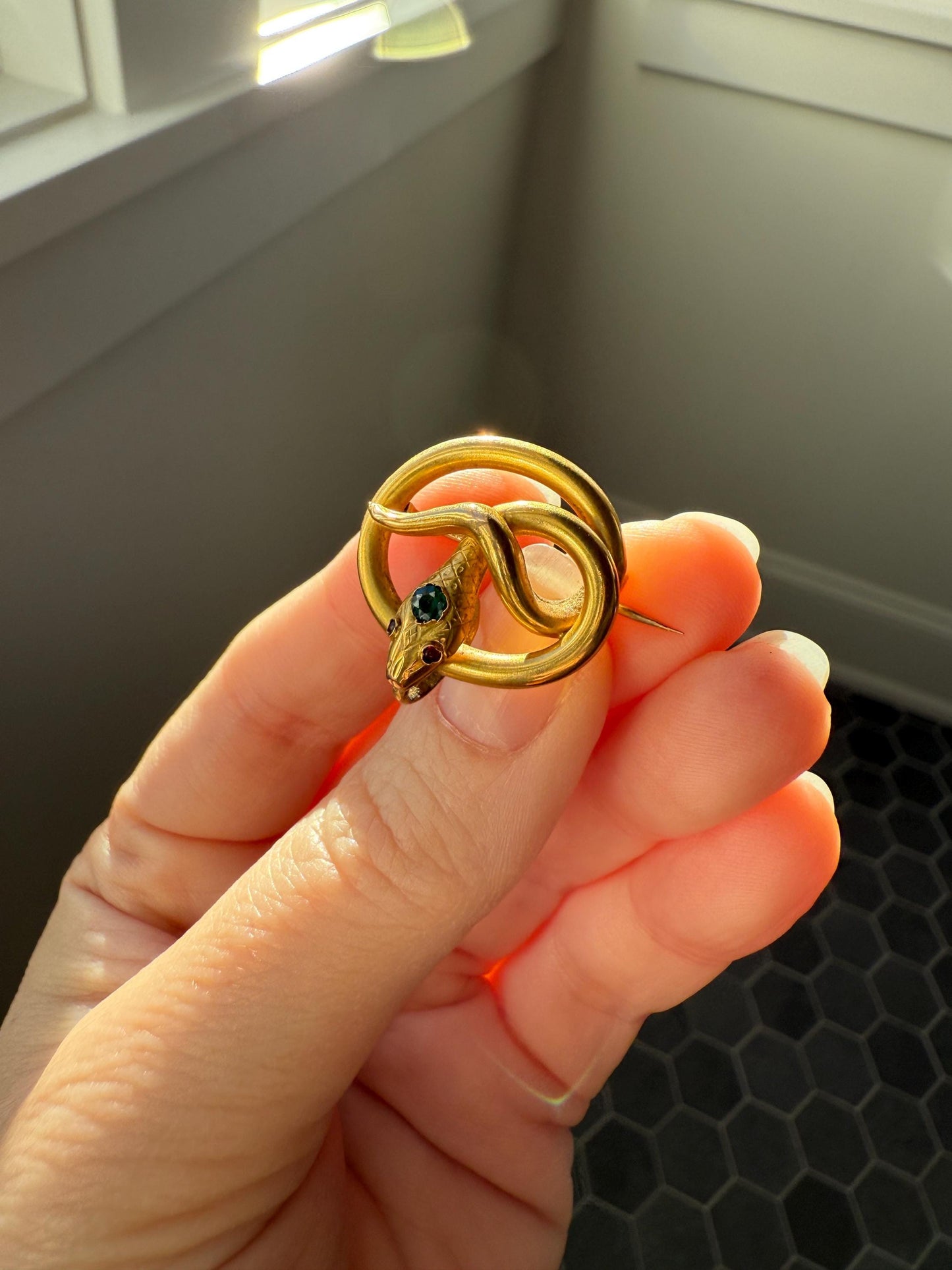 SNAKE Victorian Antique Figural 18k Gold Solid French Brooch w/ Pendant Holder Extender Connector Green Emerald Head Ruby Eyes