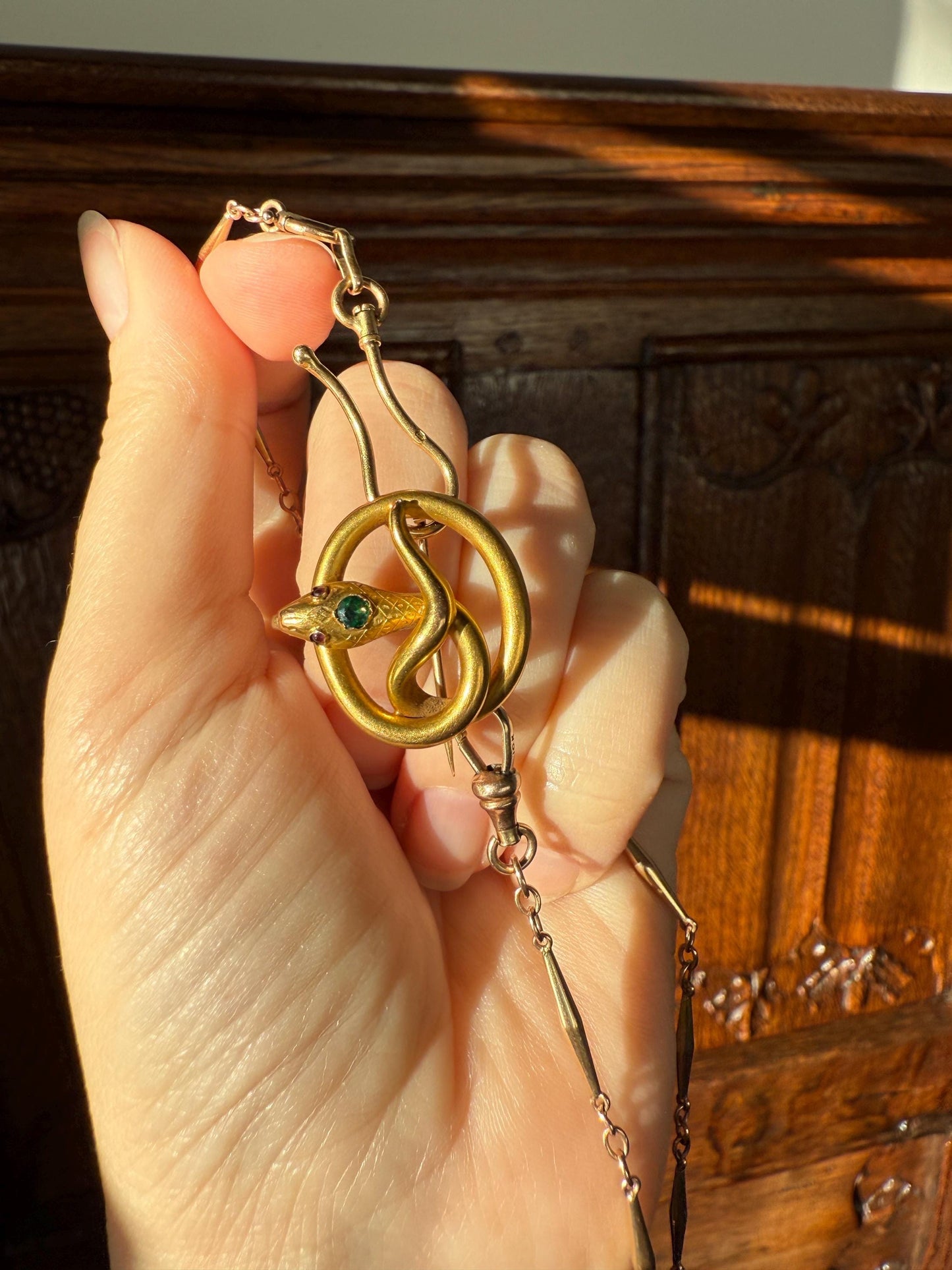 SNAKE Victorian Antique Figural 18k Gold Solid French Brooch w/ Pendant Holder Extender Connector Green Emerald Head Ruby Eyes