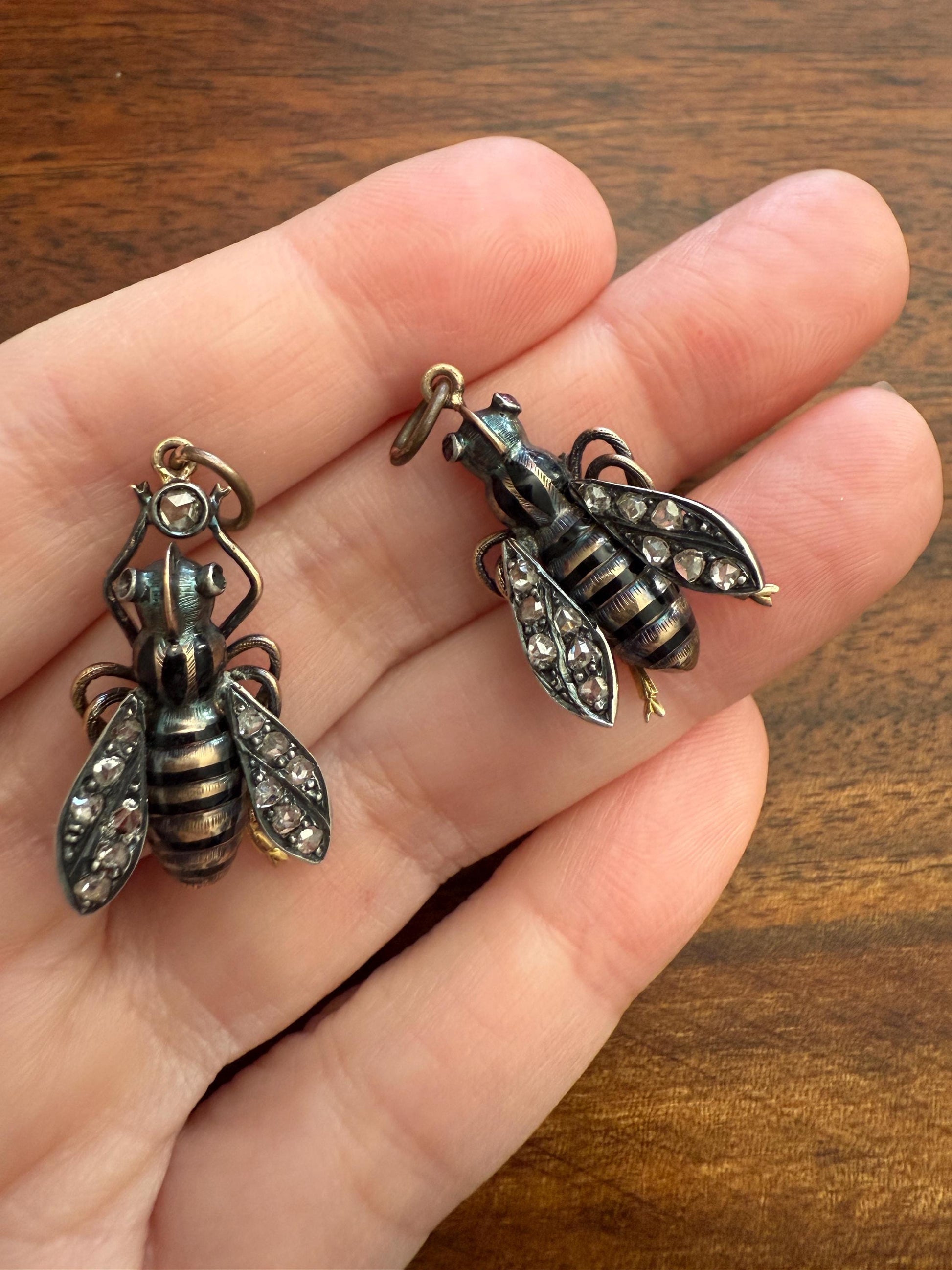 Large BUMBLE BEE Victorian Antique Figural 18k Gold Solid Silver Rose Cut Diamond French Pendant Ruby Eyes Black Enamel Stripes 2 Avail