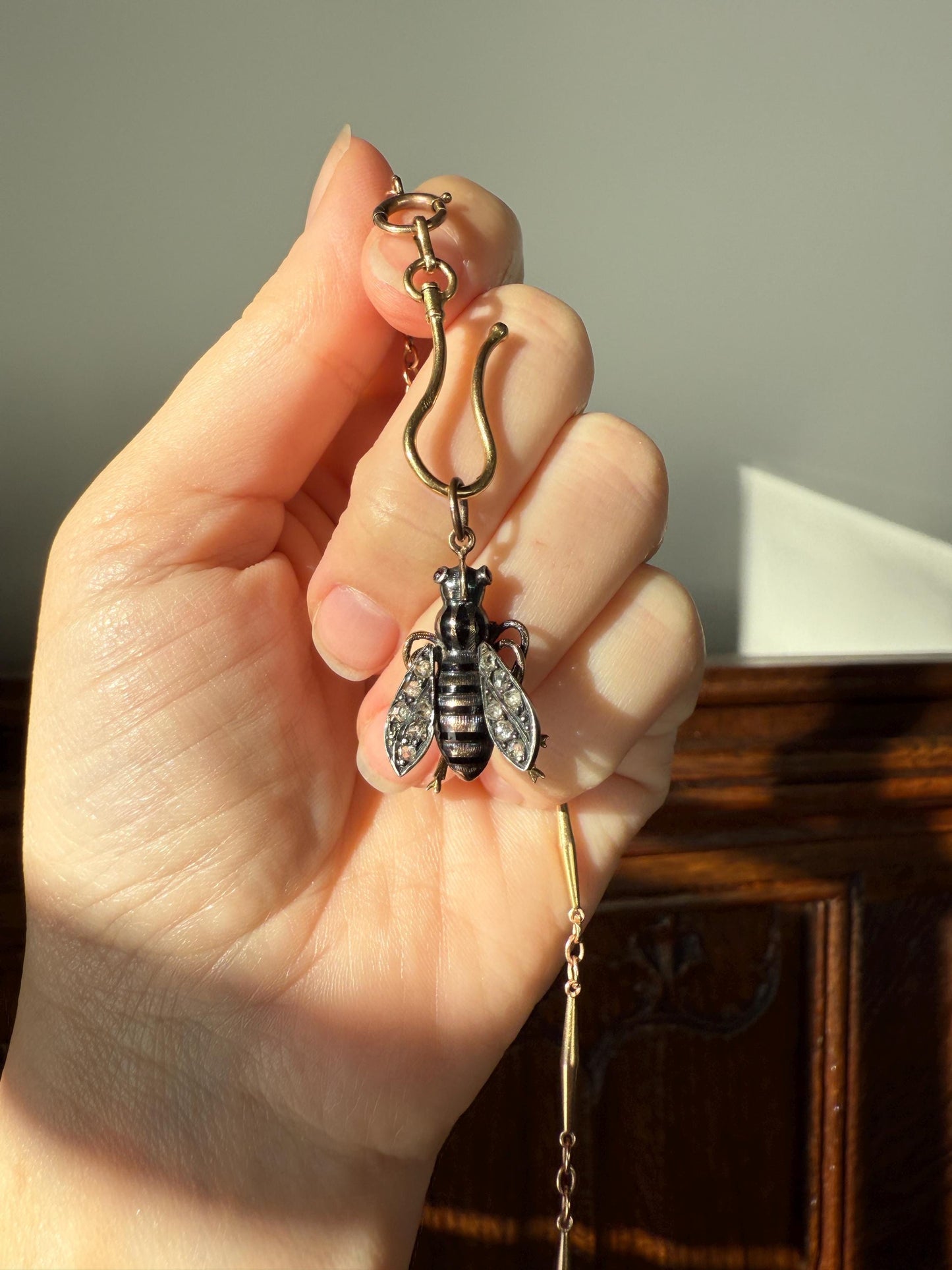 Large BUMBLE BEE Victorian Antique Figural 18k Gold Solid Silver Rose Cut Diamond French Pendant Ruby Eyes Black Enamel Stripes 2 Avail