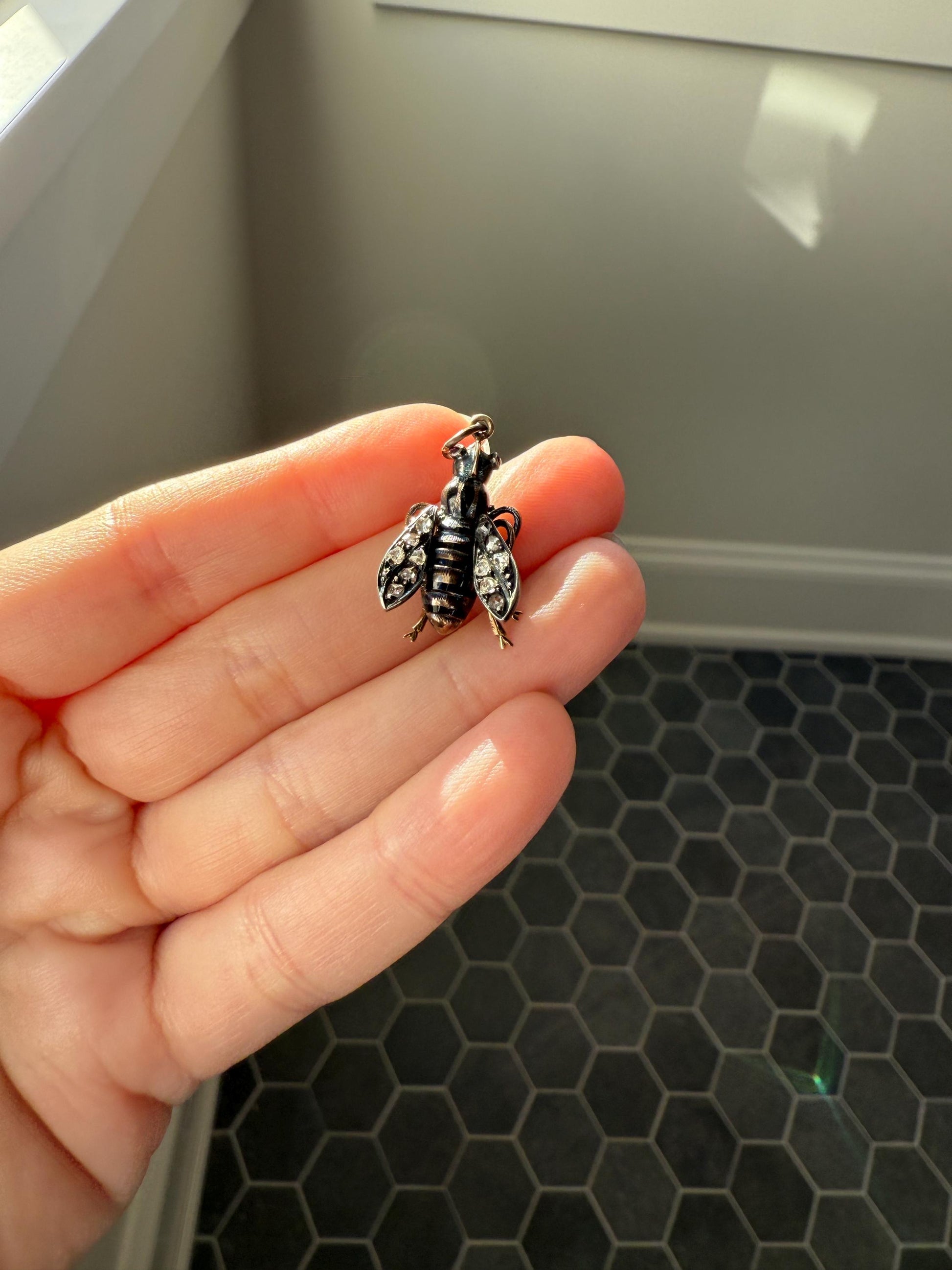 Large BUMBLE BEE Victorian Antique Figural 18k Gold Solid Silver Rose Cut Diamond French Pendant Ruby Eyes Black Enamel Stripes 2 Avail