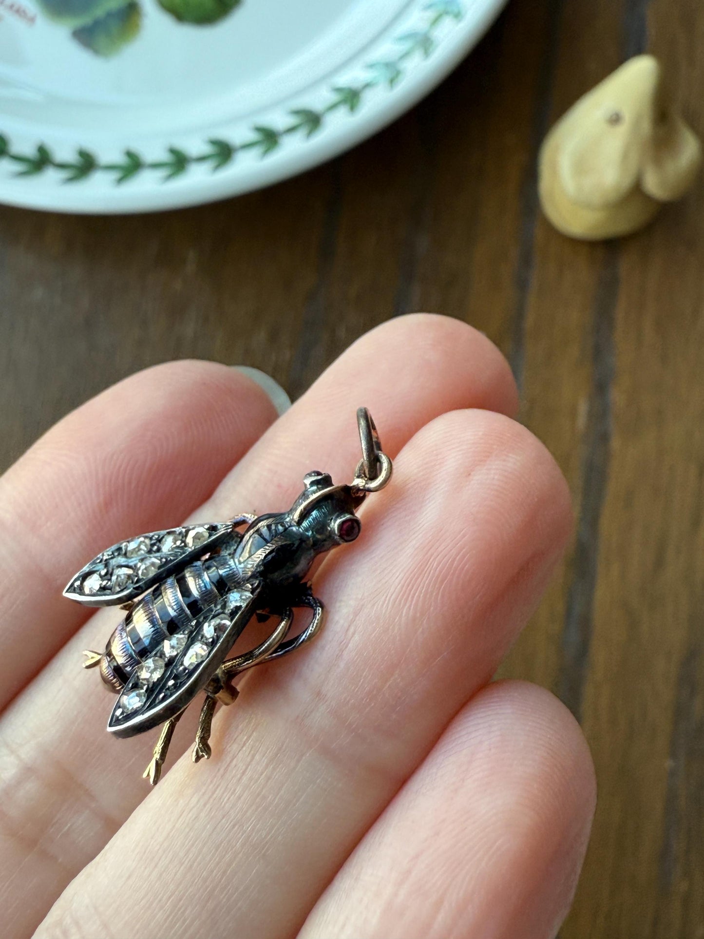 Large BUMBLE BEE Victorian Antique Figural 18k Gold Solid Silver Rose Cut Diamond French Pendant Ruby Eyes Black Enamel Stripes 2 Avail