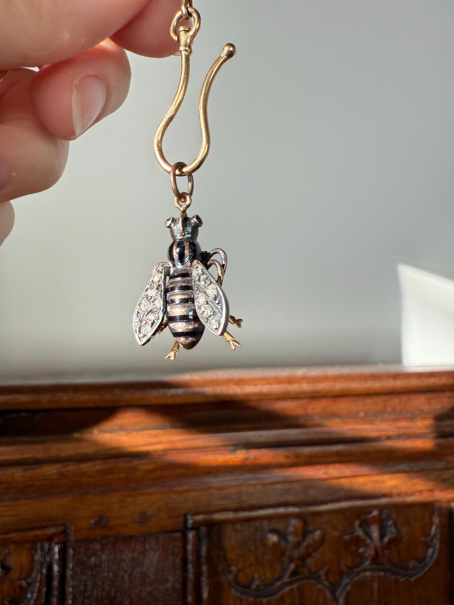 Large BUMBLE BEE Victorian Antique Figural 18k Gold Solid Silver Rose Cut Diamond French Pendant Ruby Eyes Black Enamel Stripes 2 Avail