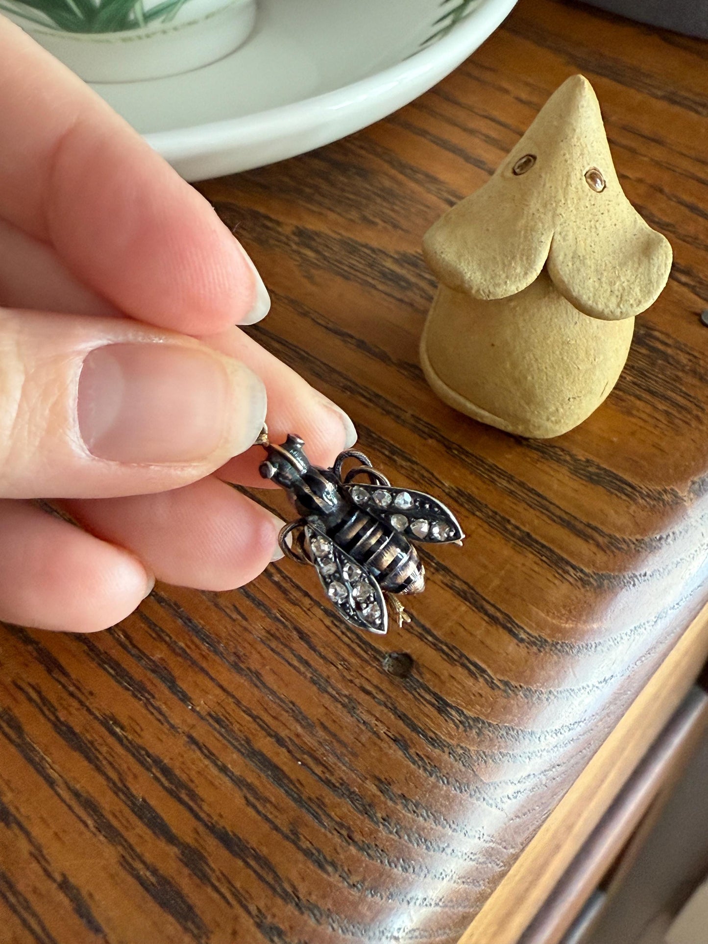 Large BUMBLE BEE Victorian Antique Figural 18k Gold Solid Silver Rose Cut Diamond French Pendant Ruby Eyes Black Enamel Stripes 2 Avail