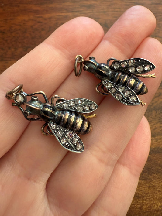 Large BUMBLE BEE Victorian Antique Figural 18k Gold Solid Silver Rose Cut Diamond French Pendant Ruby Eyes Black Enamel Stripes 2 Avail