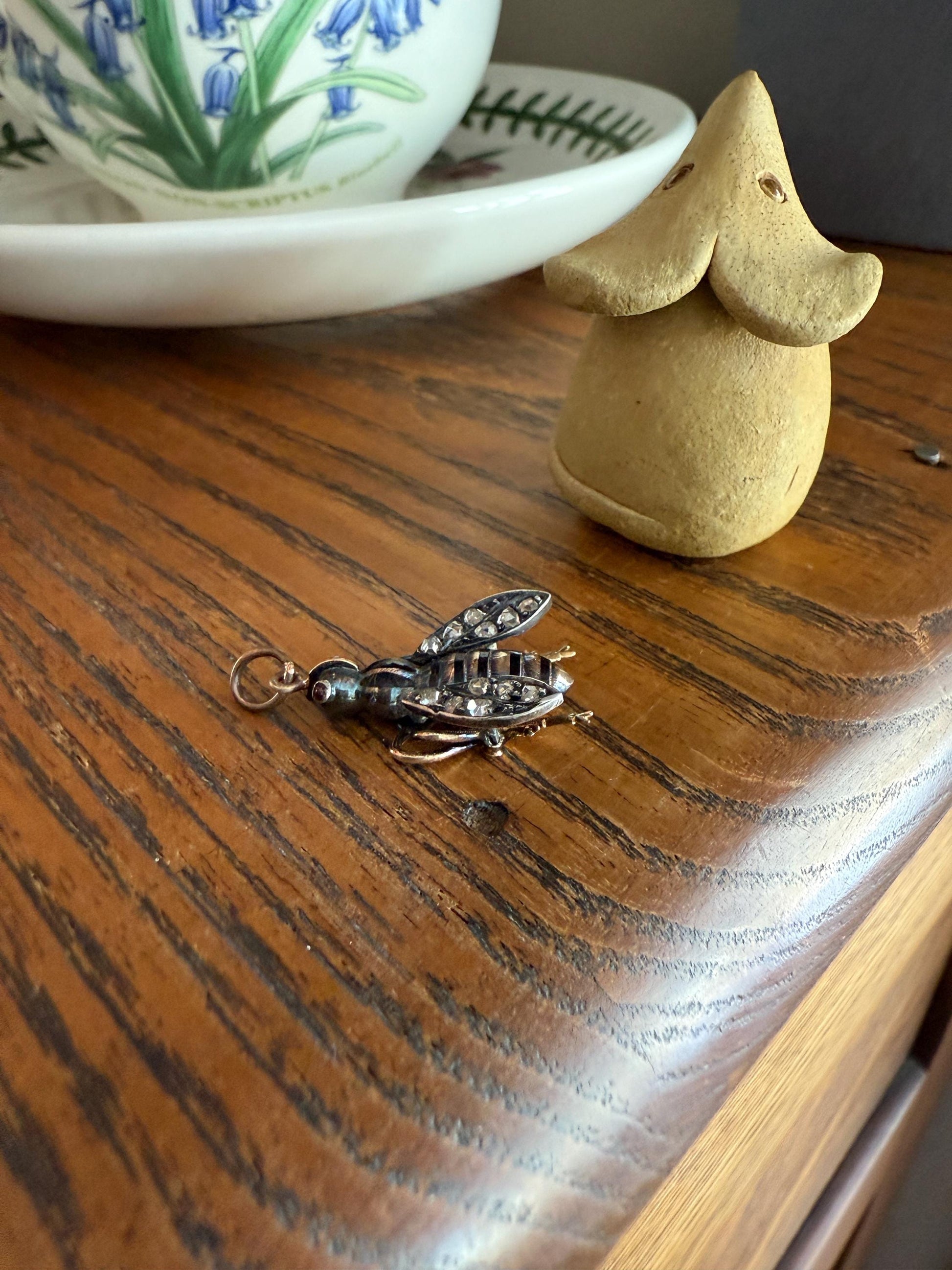 Large BUMBLE BEE Victorian Antique Figural 18k Gold Solid Silver Rose Cut Diamond French Pendant Ruby Eyes Black Enamel Stripes 2 Avail