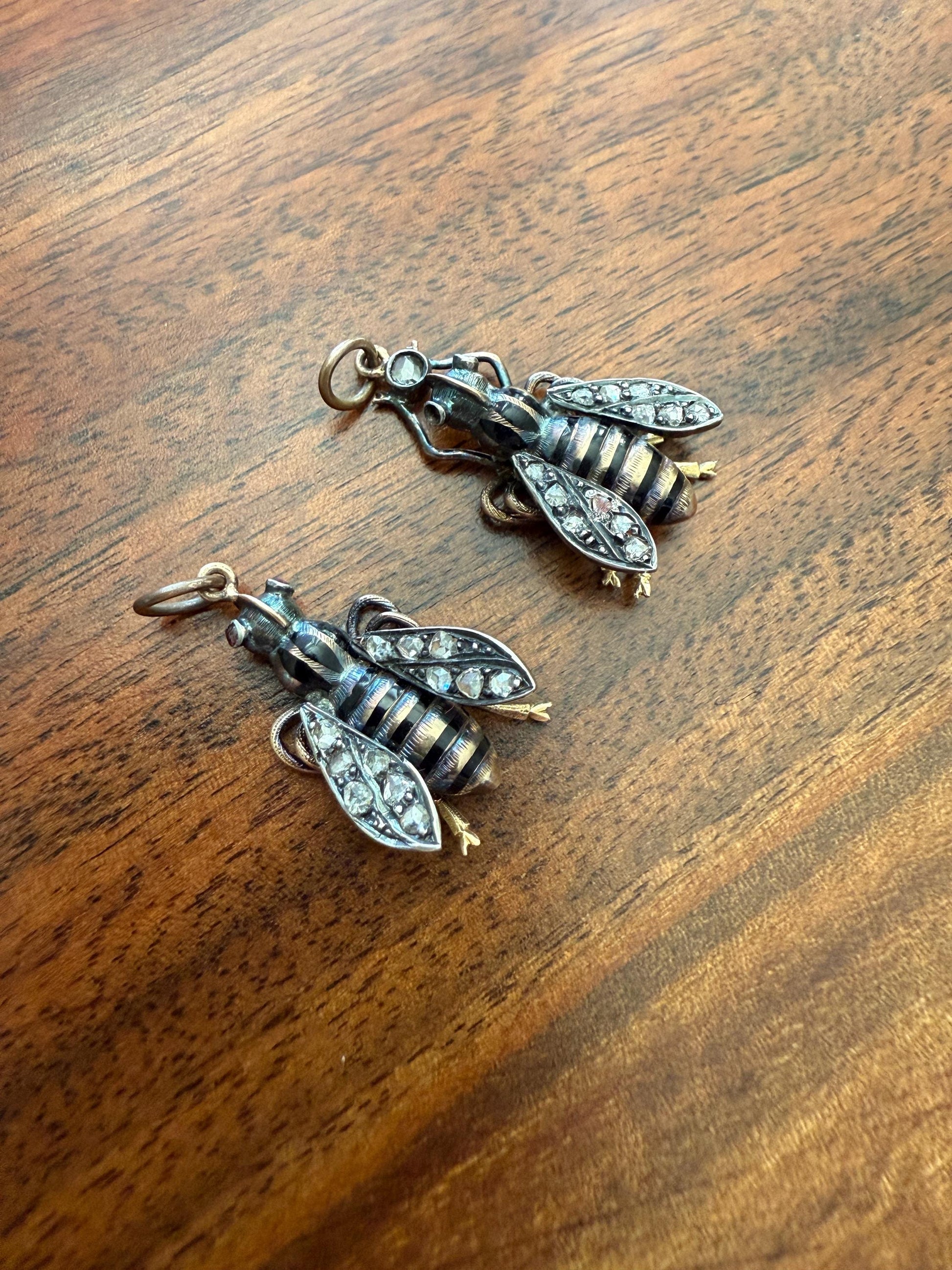 Large BUMBLE BEE Victorian Antique Figural 18k Gold Solid Silver Rose Cut Diamond French Pendant Ruby Eyes Black Enamel Stripes 2 Avail