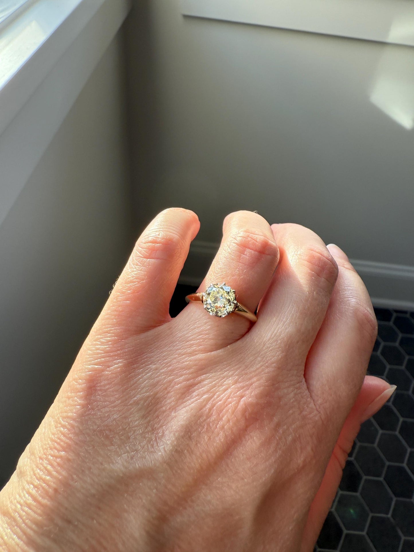 Antique Eye Clean Two Carat Warm Natural Old Mine Cut DiAMOND Solitaire Ring French 18k GOLD Engagement All Original Victorian Setting 2Ctw