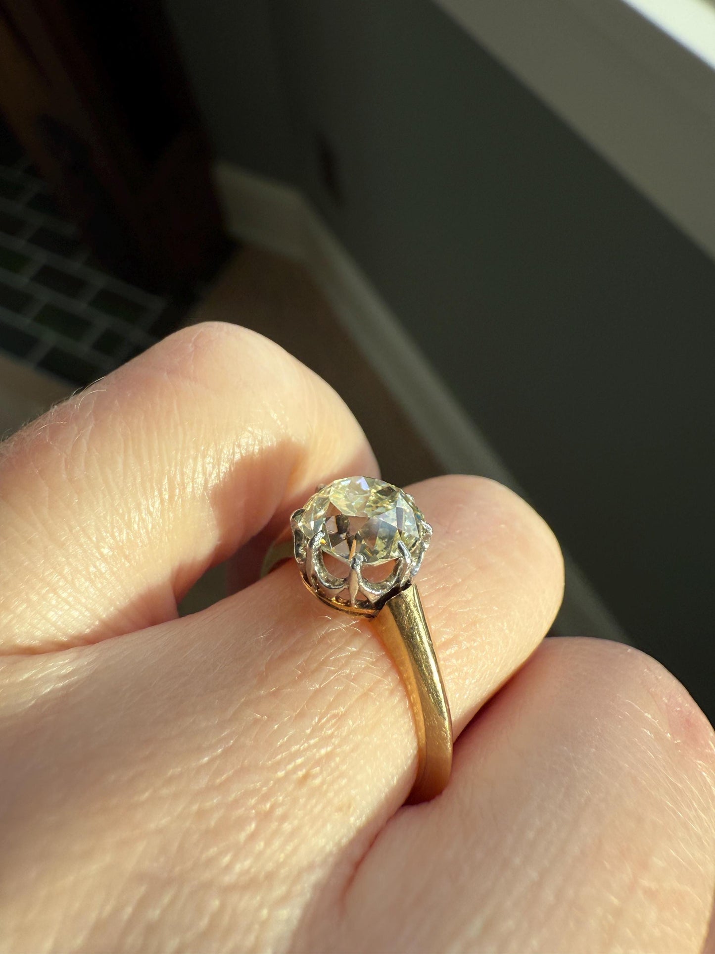 Antique Eye Clean Two Carat Warm Natural Old Mine Cut DiAMOND Solitaire Ring French 18k GOLD Engagement All Original Victorian Setting 2Ctw