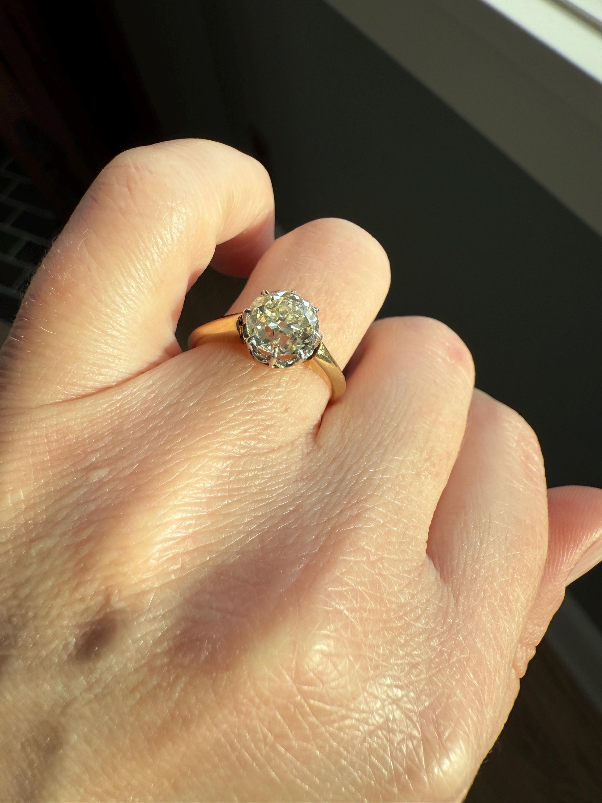 Antique Eye Clean Two Carat Warm Natural Old Mine Cut DiAMOND Solitaire Ring French 18k GOLD Engagement All Original Victorian Setting 2Ctw