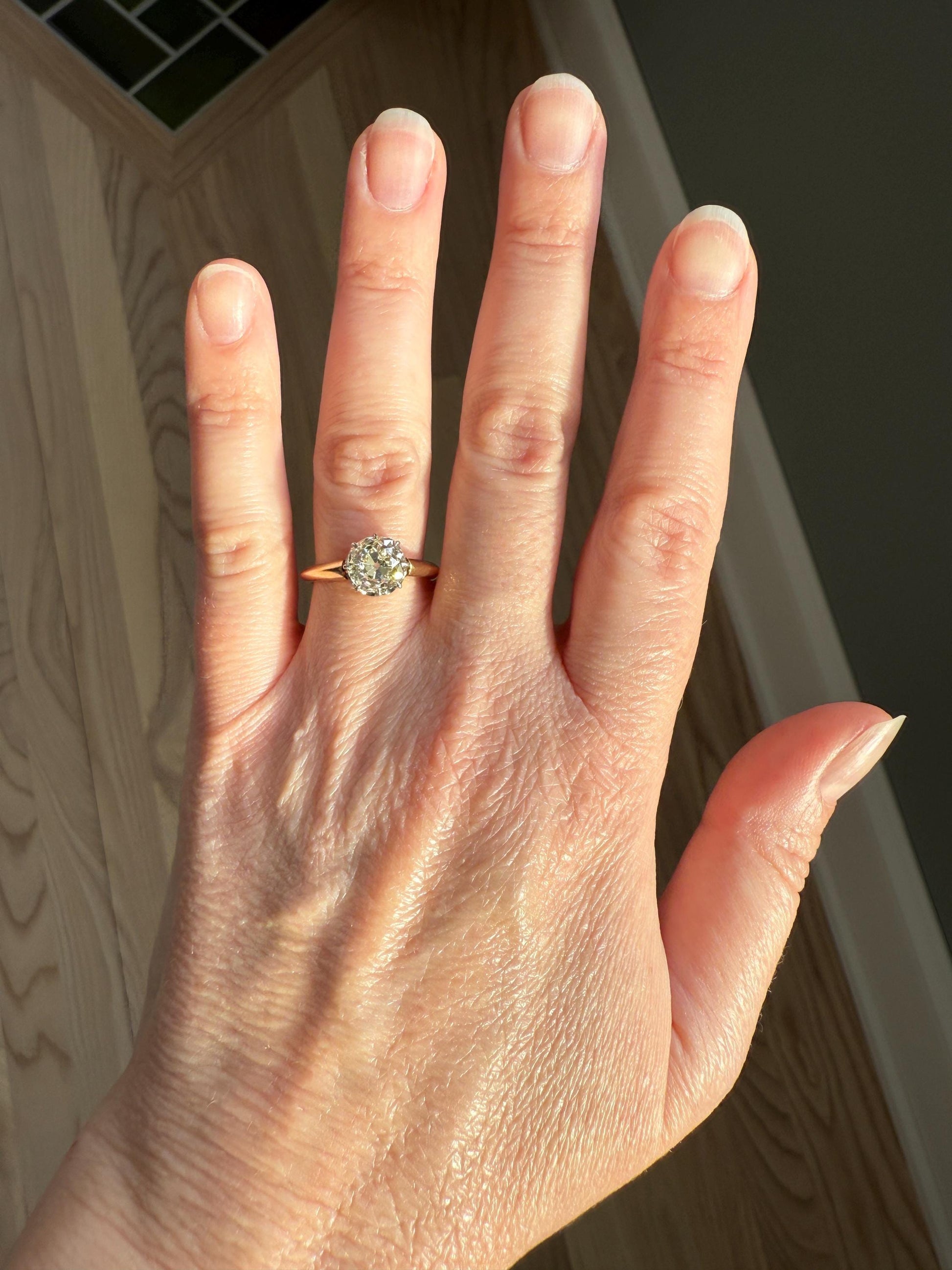 Antique Eye Clean Two Carat Warm Natural Old Mine Cut DiAMOND Solitaire Ring French 18k GOLD Engagement All Original Victorian Setting 2Ctw