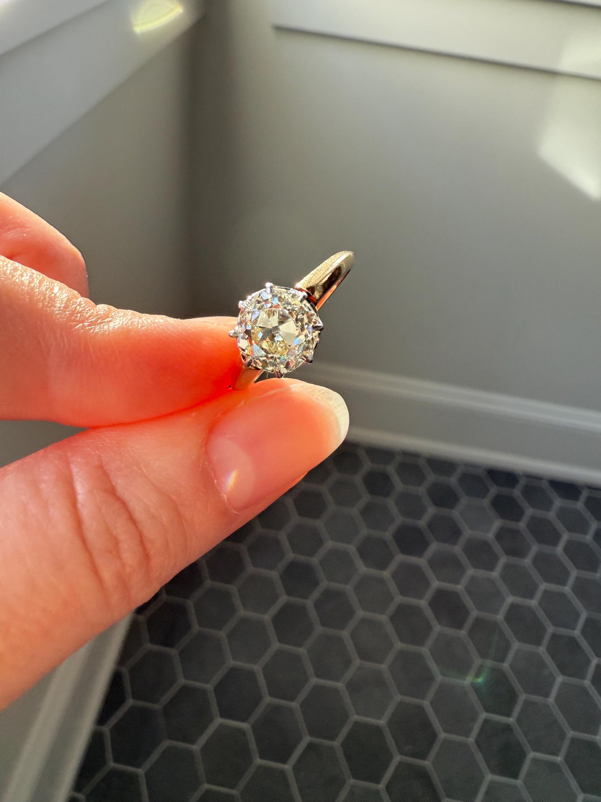 Antique Eye Clean Two Carat Warm Natural Old Mine Cut DiAMOND Solitaire Ring French 18k GOLD Engagement All Original Victorian Setting 2Ctw