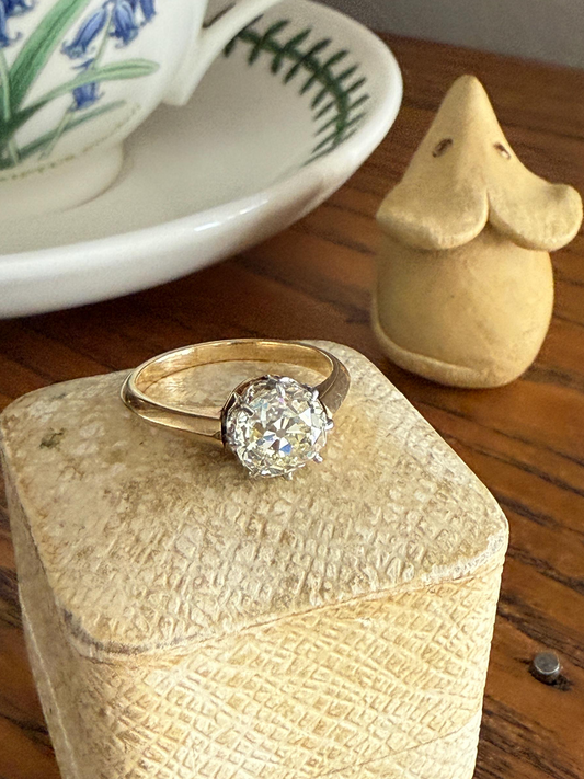 Antique Eye Clean Two Carat Warm Natural Old Mine Cut DiAMOND Solitaire Ring French 18k GOLD Engagement All Original Victorian Setting 2Ctw