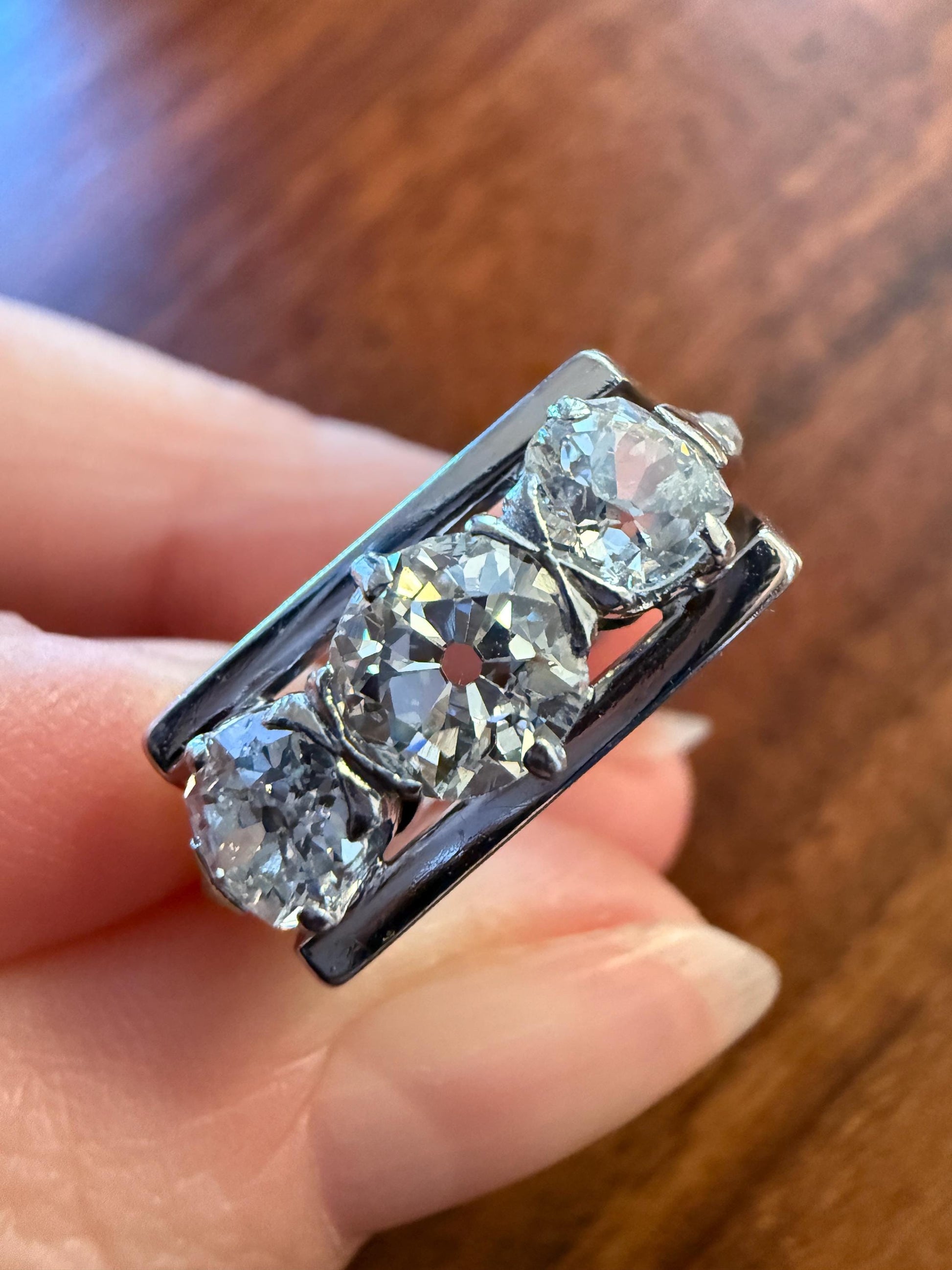 Three Stone Antique 1.75 Carat Old Mine Cut DIAMOND Chunky Tank Geometric Wrap Ring 14k White Gold Platinum Squared Band Stacker