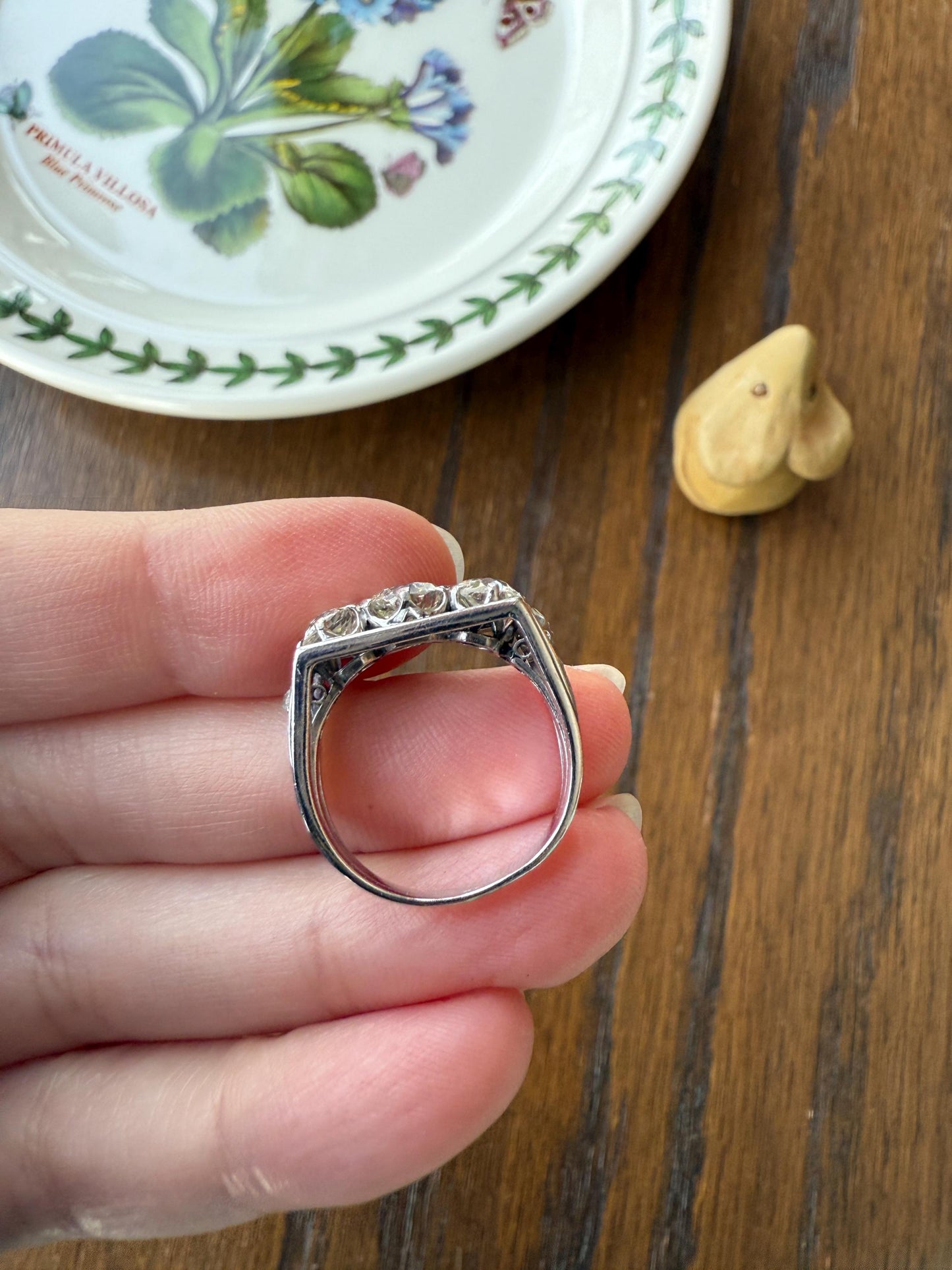 Three Stone Antique 1.75 Carat Old Mine Cut DIAMOND Chunky Tank Geometric Wrap Ring 14k White Gold Platinum Squared Band Stacker