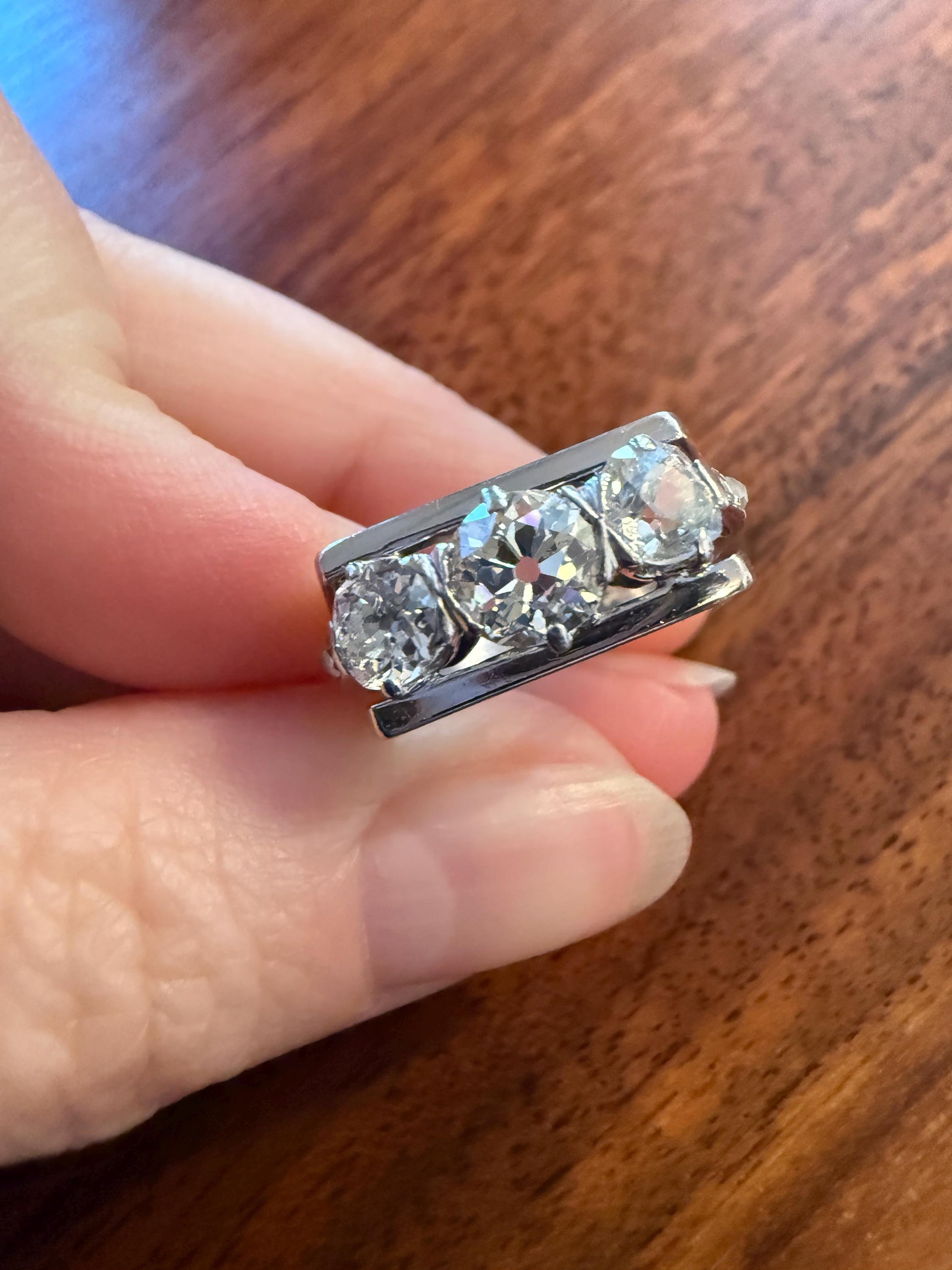 Three Stone Antique 1.75 Carat Old Mine Cut DIAMOND Chunky Tank Geometric Wrap Ring 14k White Gold Platinum Squared Band Stacker