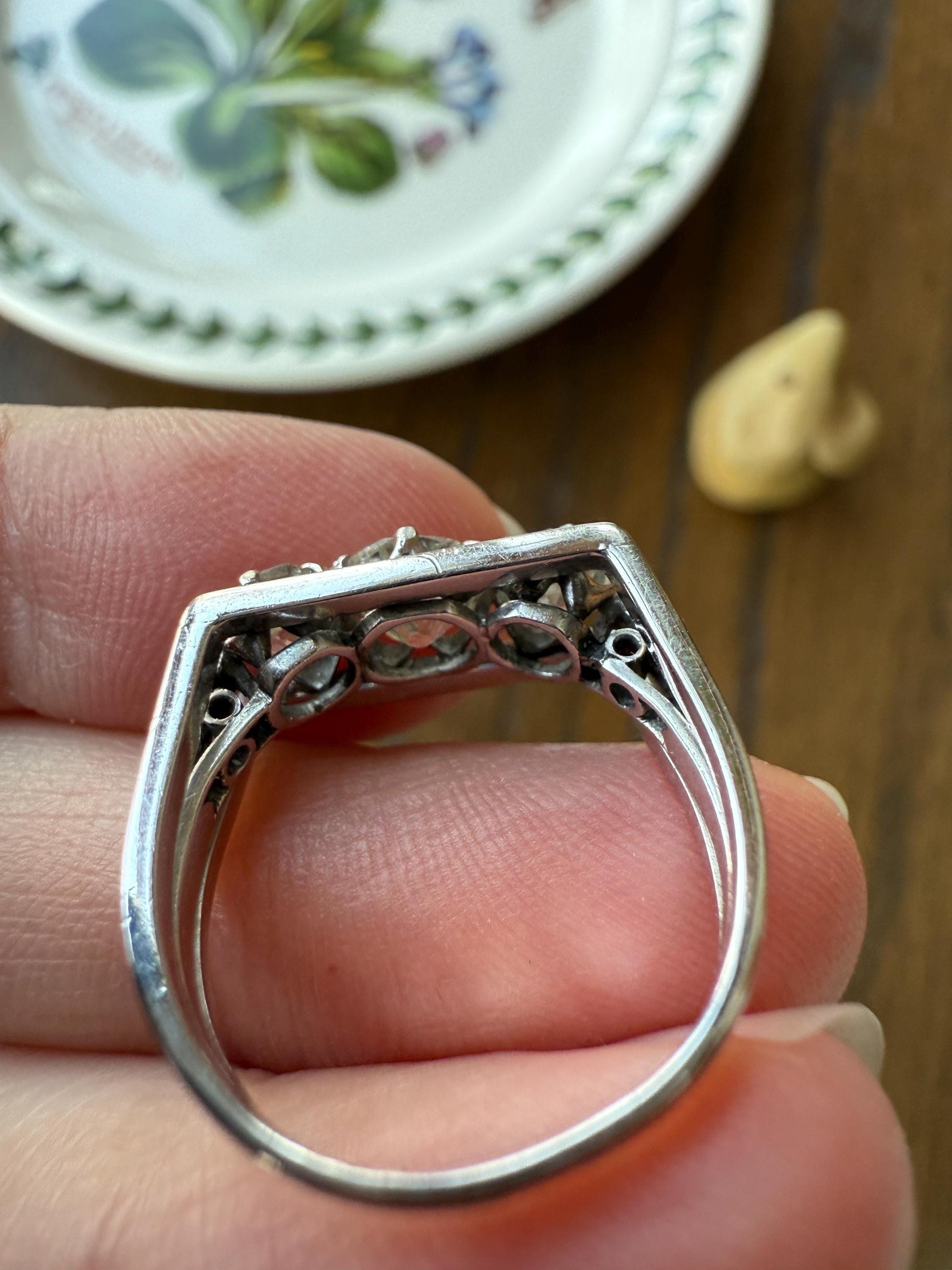 Three Stone Antique 1.75 Carat Old Mine Cut DIAMOND Chunky Tank Geometric Wrap Ring 14k White Gold Platinum Squared Band Stacker