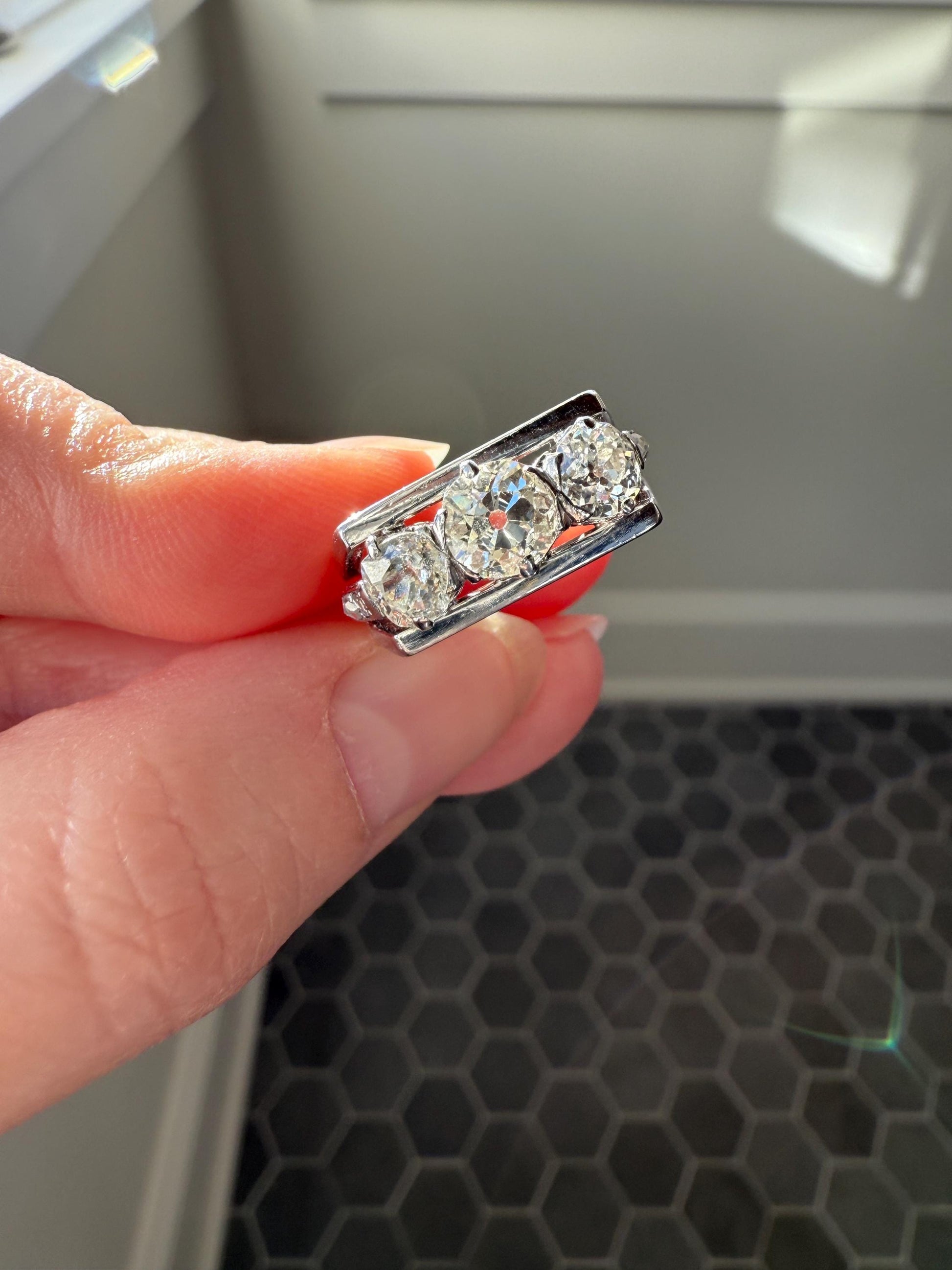 Three Stone Antique 1.75 Carat Old Mine Cut DIAMOND Chunky Tank Geometric Wrap Ring 14k White Gold Platinum Squared Band Stacker