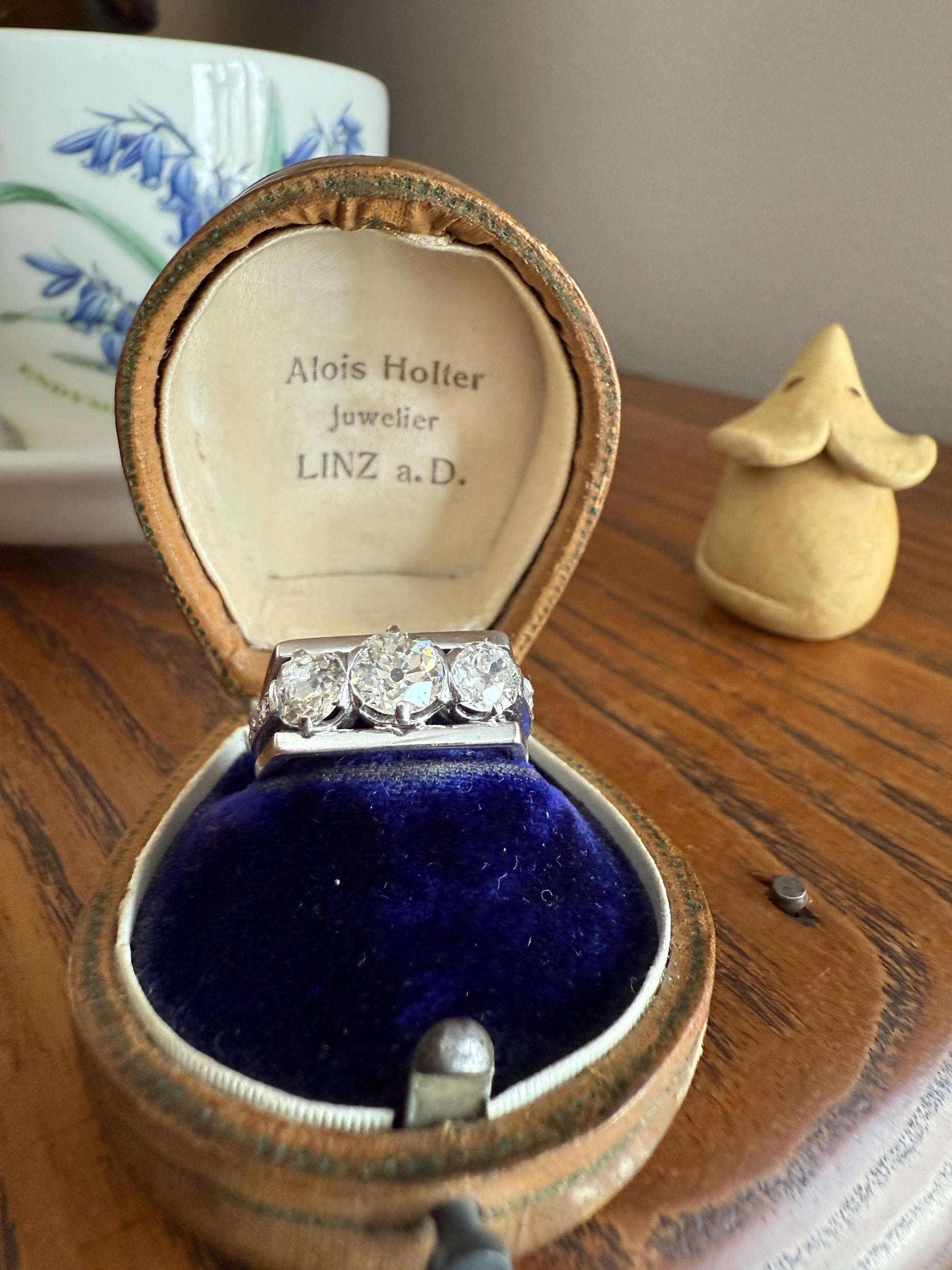 Three Stone Antique 1.75 Carat Old Mine Cut DIAMOND Chunky Tank Geometric Wrap Ring 14k White Gold Platinum Squared Band Stacker