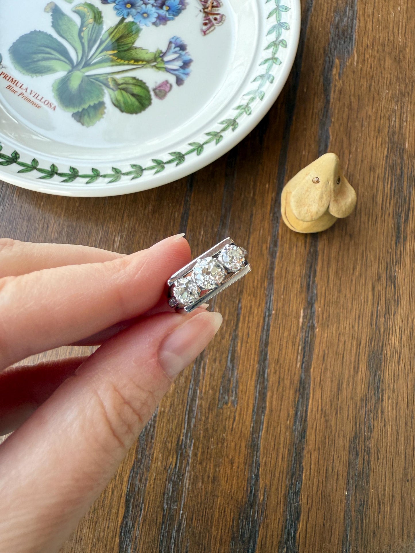 Three Stone Antique 1.75 Carat Old Mine Cut DIAMOND Chunky Tank Geometric Wrap Ring 14k White Gold Platinum Squared Band Stacker