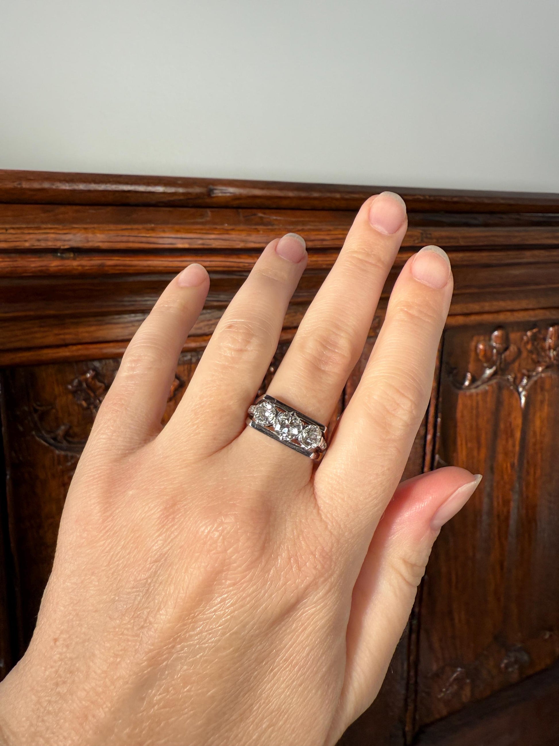 Three Stone Antique 1.75 Carat Old Mine Cut DIAMOND Chunky Tank Geometric Wrap Ring 14k White Gold Platinum Squared Band Stacker