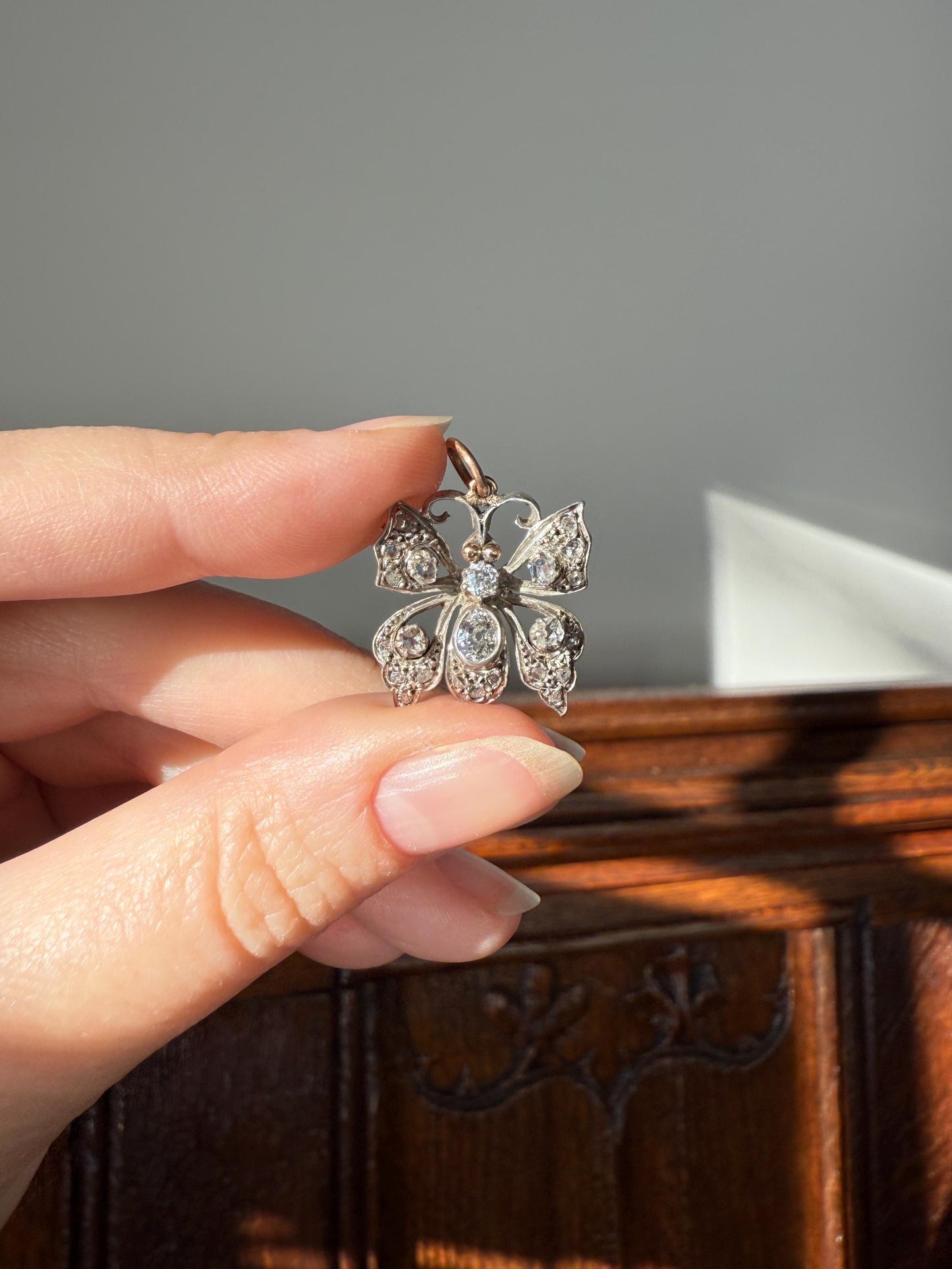 BUTTERFLY Victorian Antique Figural 18k Gold Solid Silver Old Mine Rose Cut Diamond French Belle Epoque Pendant