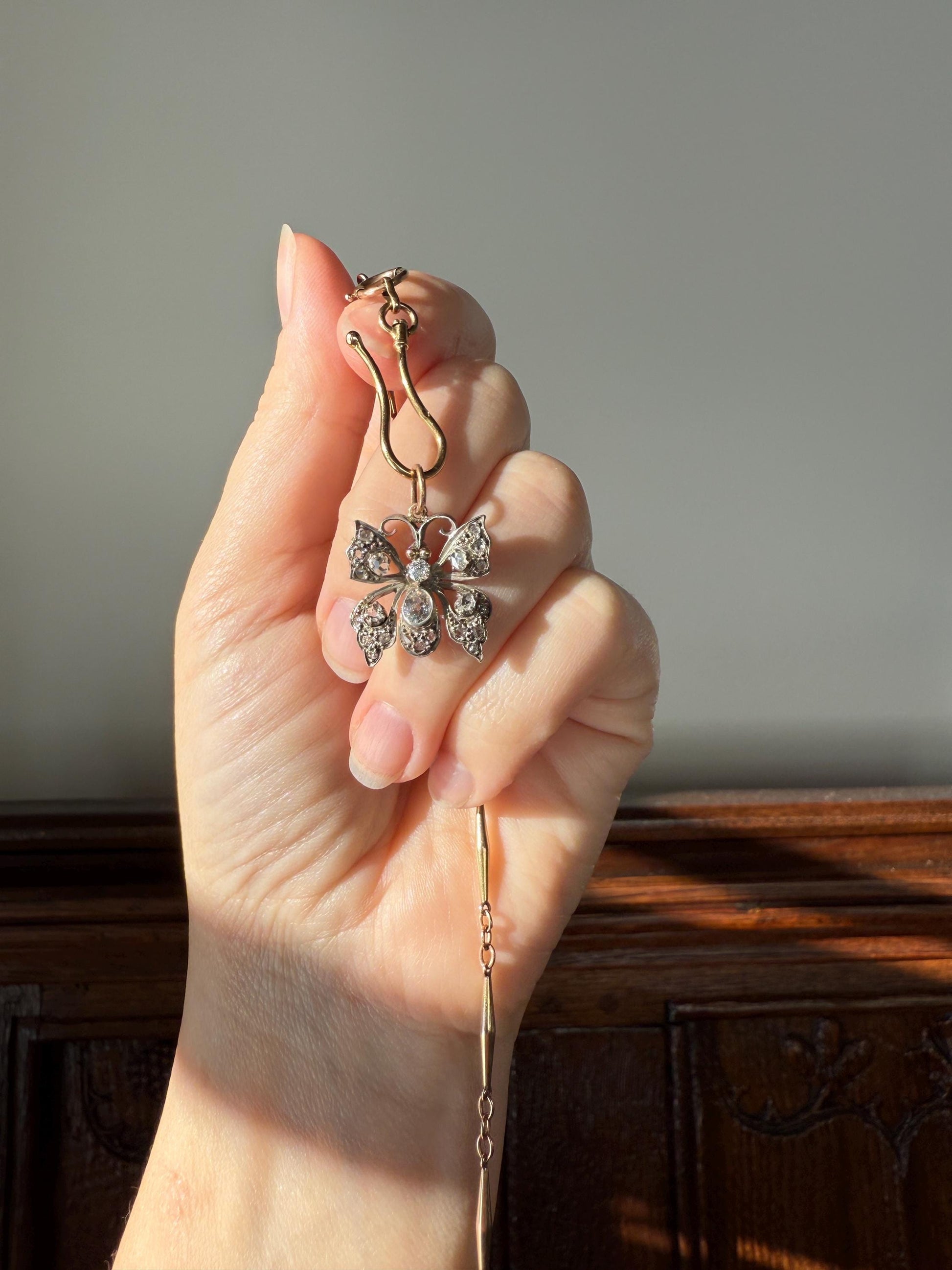 BUTTERFLY Victorian Antique Figural 18k Gold Solid Silver Old Mine Rose Cut Diamond French Belle Epoque Pendant