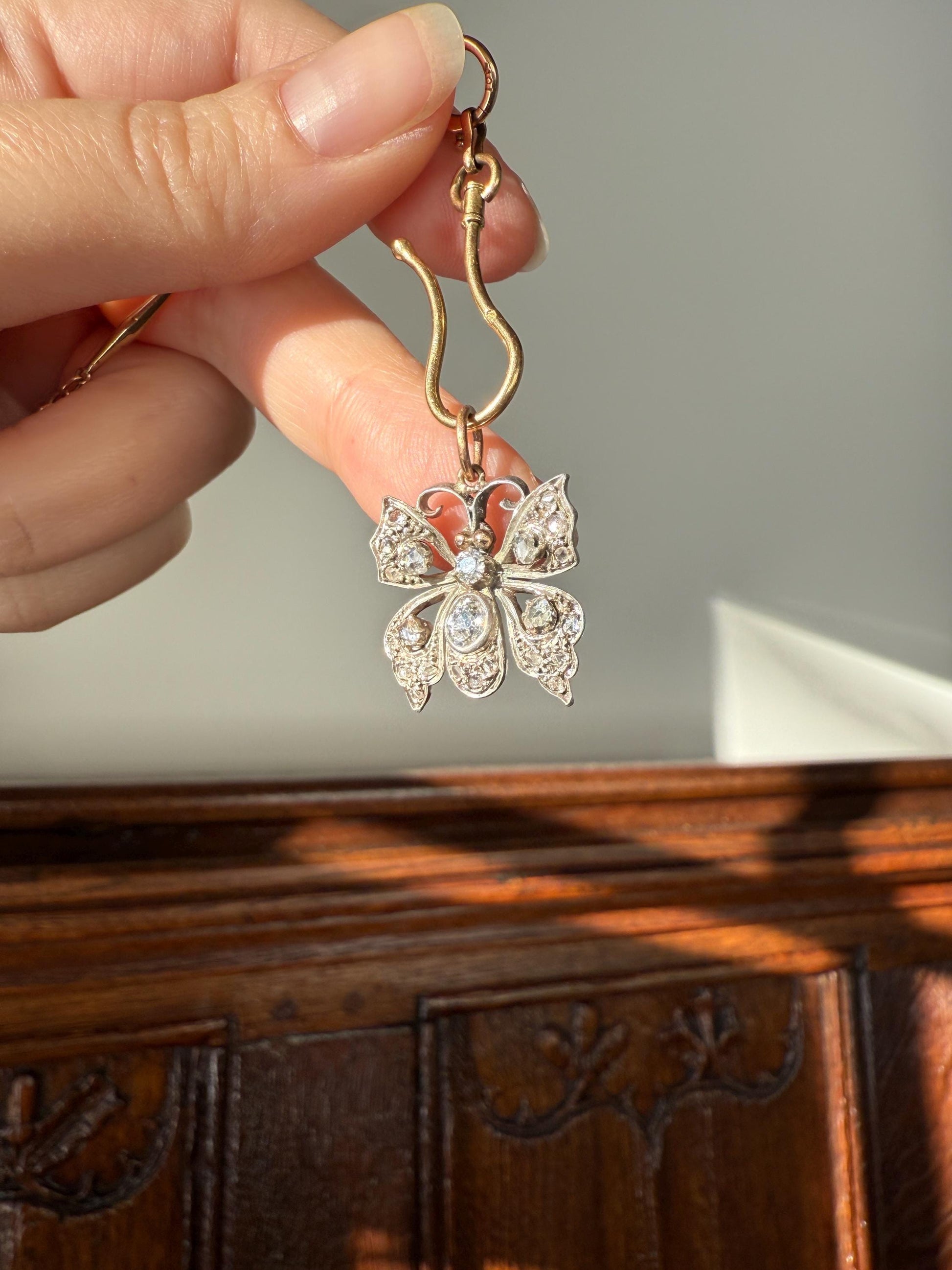 BUTTERFLY Victorian Antique Figural 18k Gold Solid Silver Old Mine Rose Cut Diamond French Belle Epoque Pendant