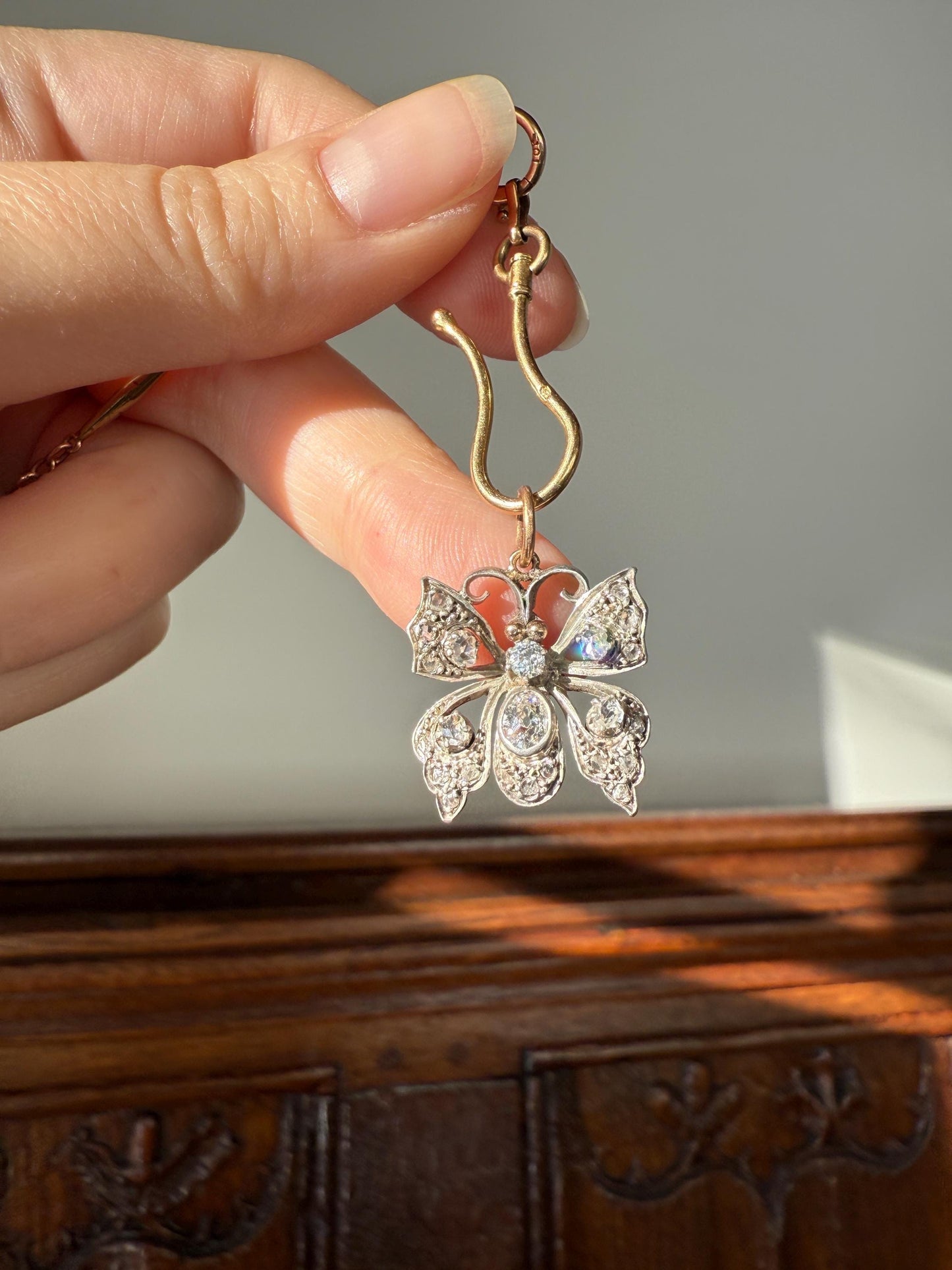 BUTTERFLY Victorian Antique Figural 18k Gold Solid Silver Old Mine Rose Cut Diamond French Belle Epoque Pendant