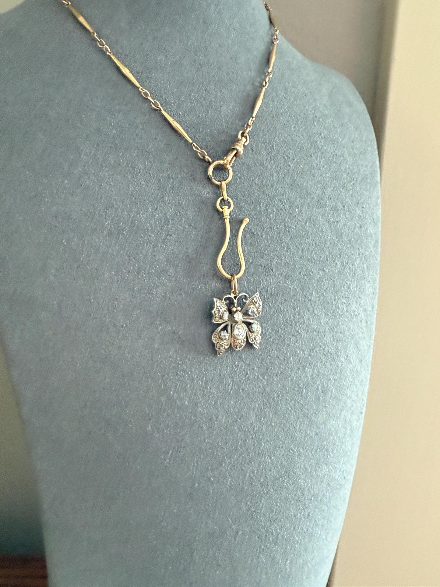 BUTTERFLY Victorian Antique Figural 18k Gold Solid Silver Old Mine Rose Cut Diamond French Belle Epoque Pendant