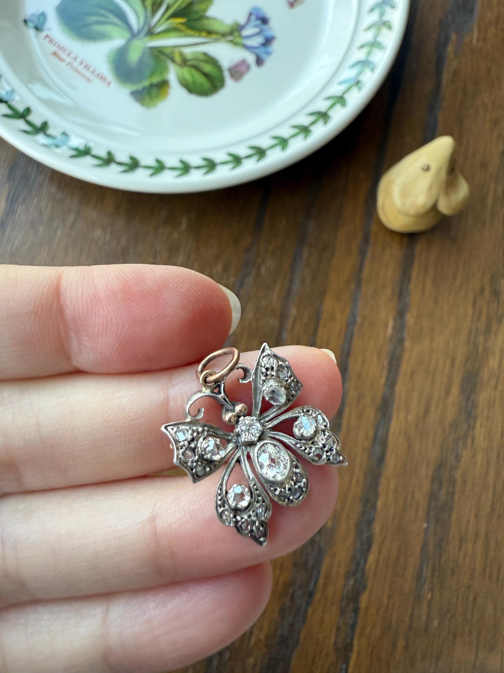 BUTTERFLY Victorian Antique Figural 18k Gold Solid Silver Old Mine Rose Cut Diamond French Belle Epoque Pendant