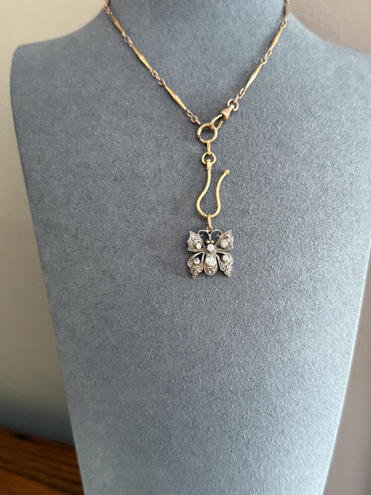BUTTERFLY Victorian Antique Figural 18k Gold Solid Silver Old Mine Rose Cut Diamond French Belle Epoque Pendant