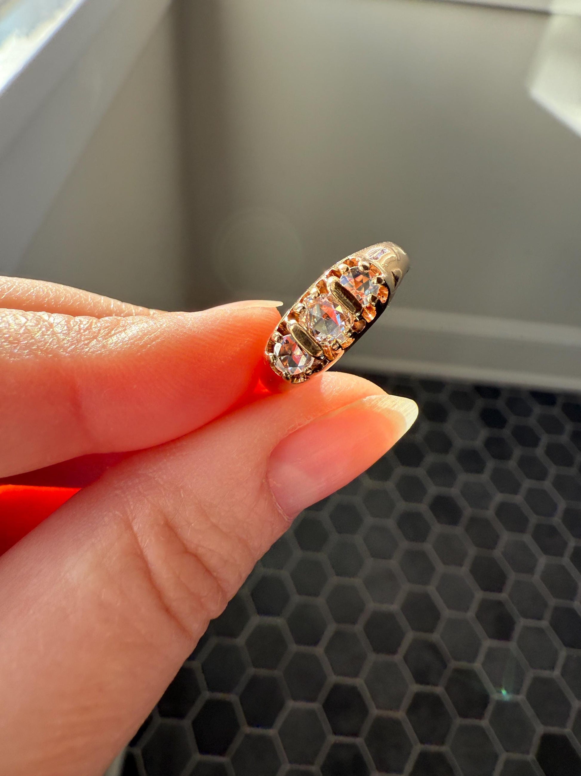 ROSE CUT DIAMOND Three Stone Antique Band Stacker Ring 14k Gold Glowing Trinity