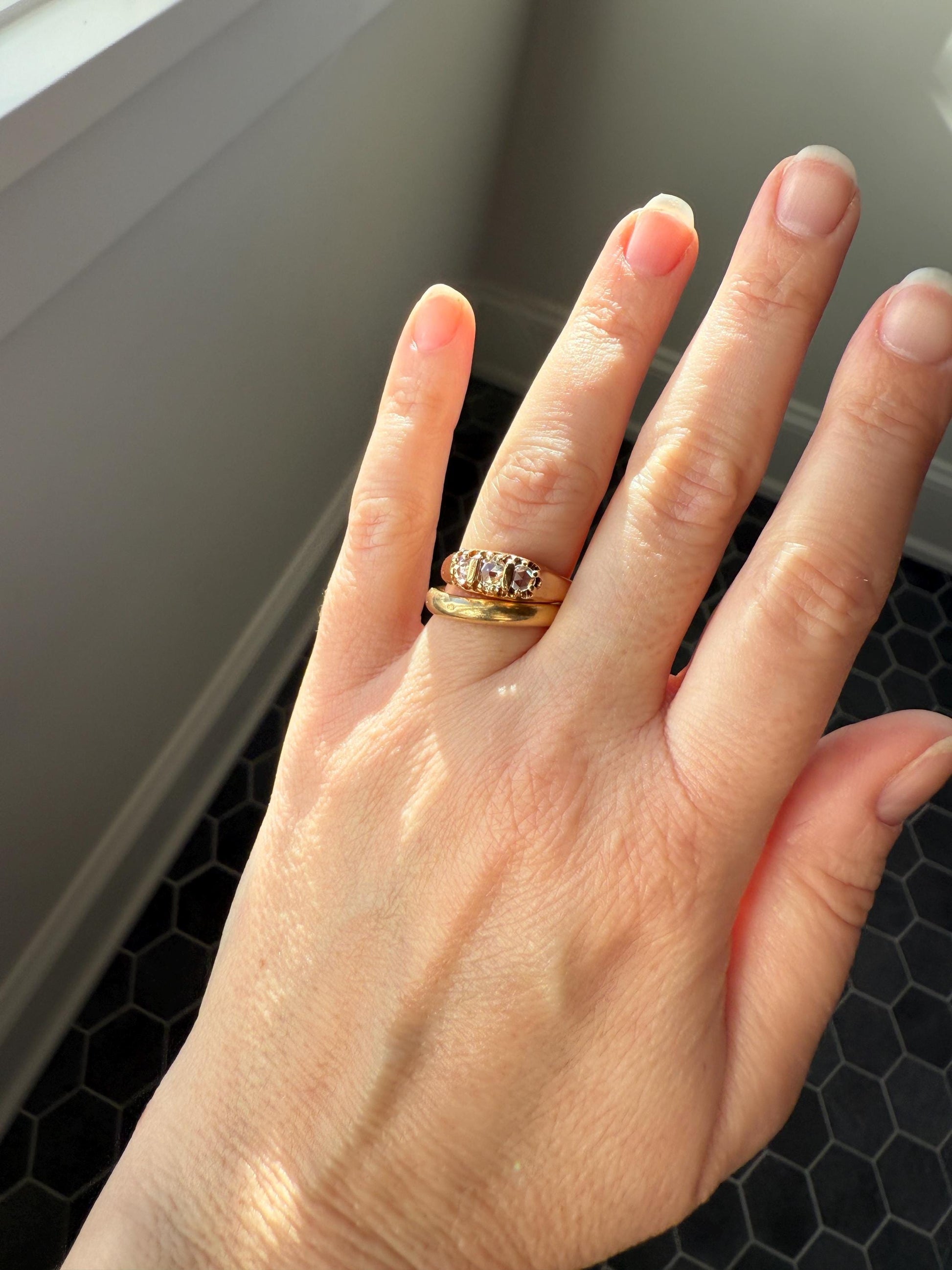 ROSE CUT DIAMOND Three Stone Antique Band Stacker Ring 14k Gold Glowing Trinity