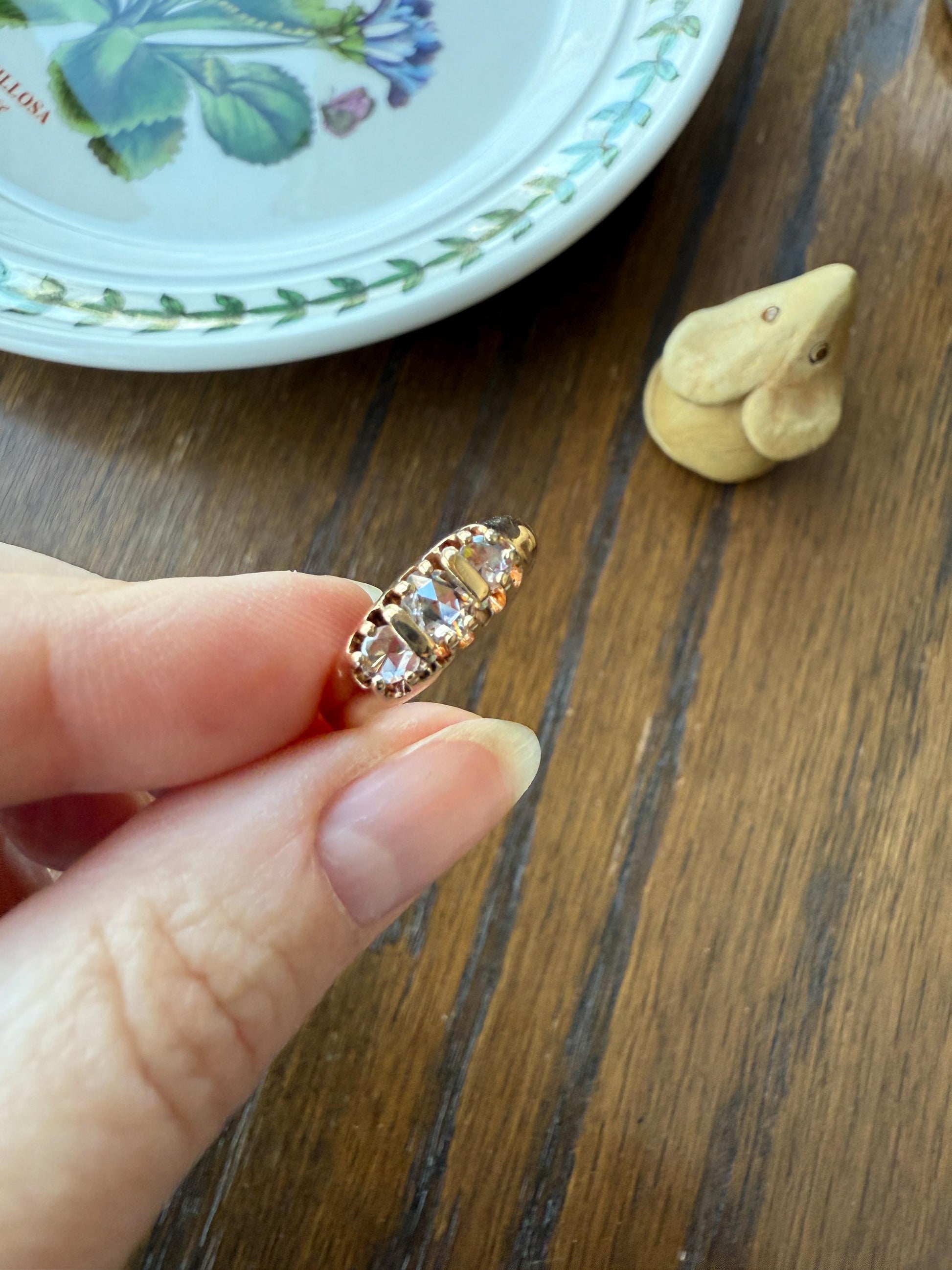ROSE CUT DIAMOND Three Stone Antique Band Stacker Ring 14k Gold Glowing Trinity