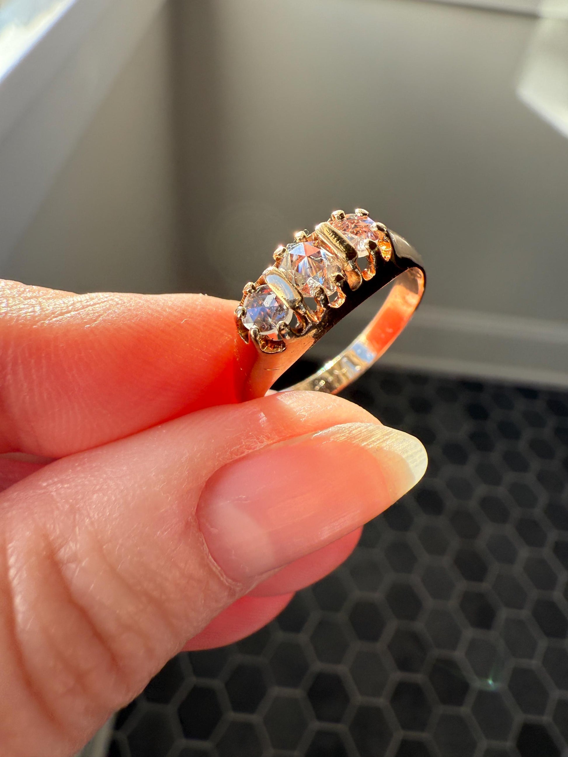 ROSE CUT DIAMOND Three Stone Antique Band Stacker Ring 14k Gold Glowing Trinity