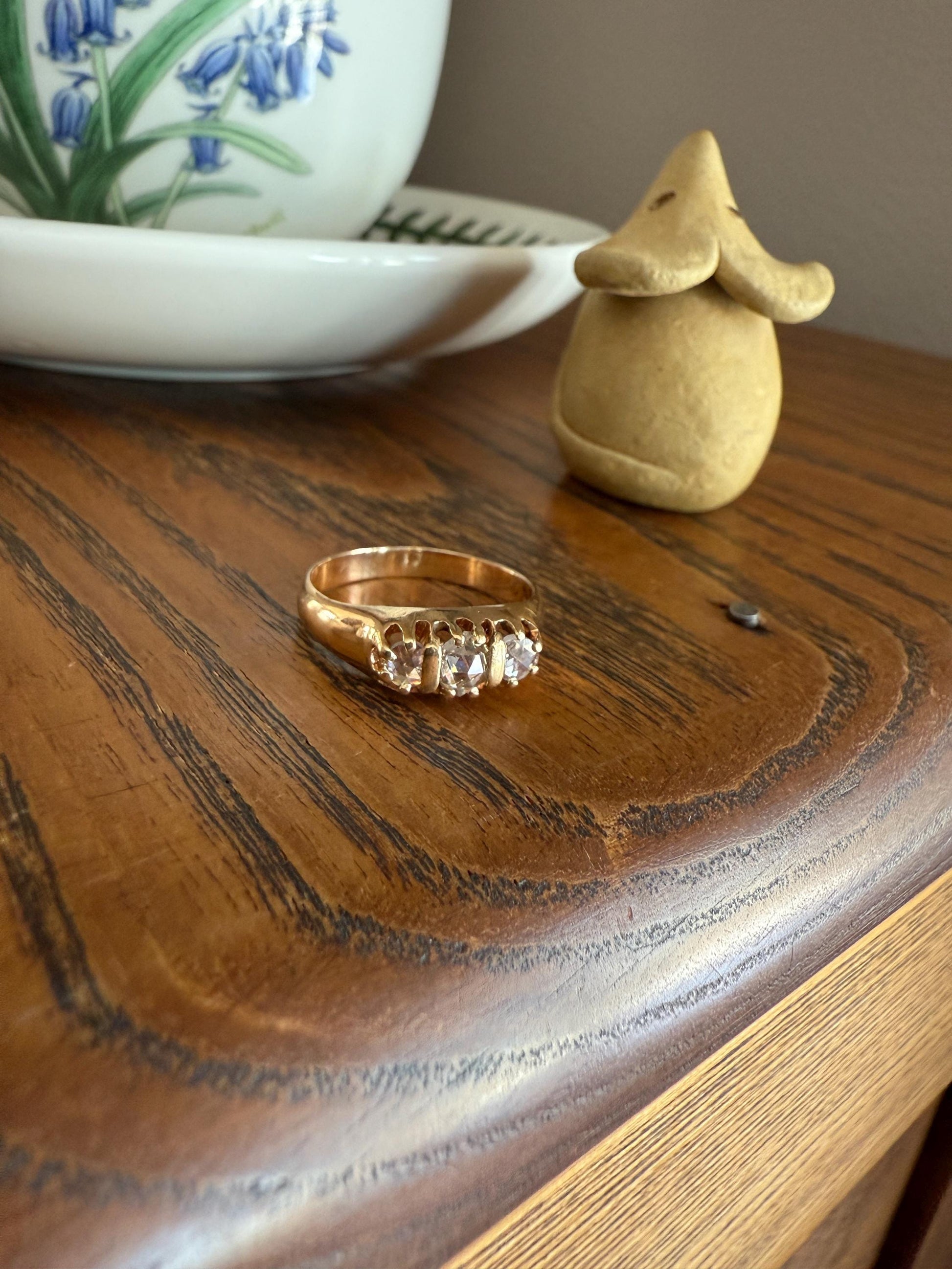 ROSE CUT DIAMOND Three Stone Antique Band Stacker Ring 14k Gold Glowing Trinity
