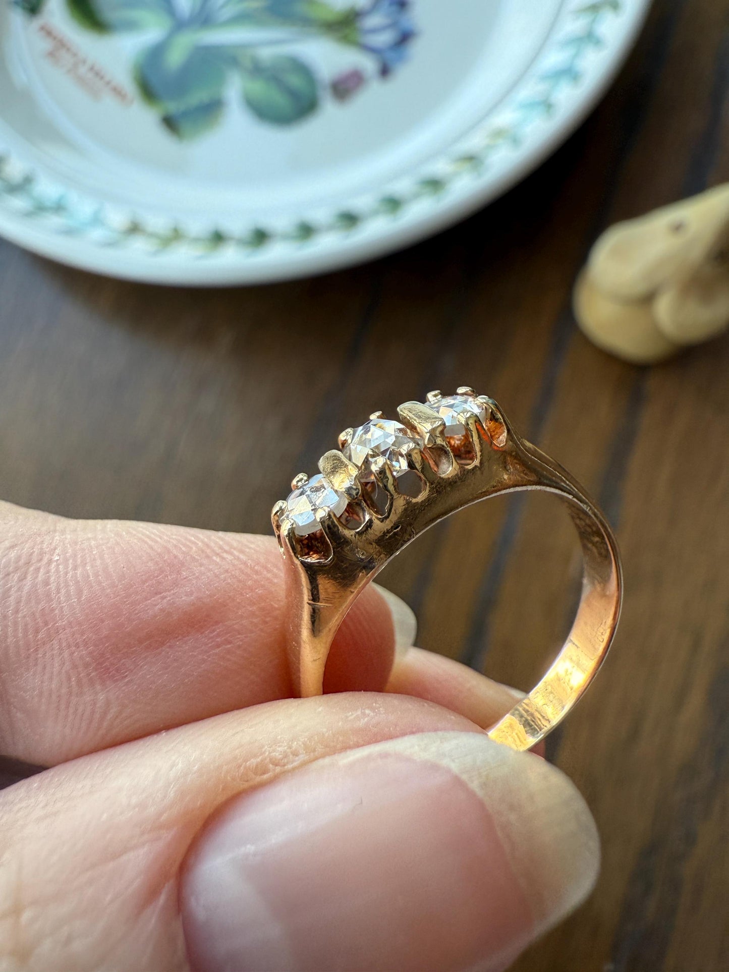 ROSE CUT DIAMOND Three Stone Antique Band Stacker Ring 14k Gold Glowing Trinity