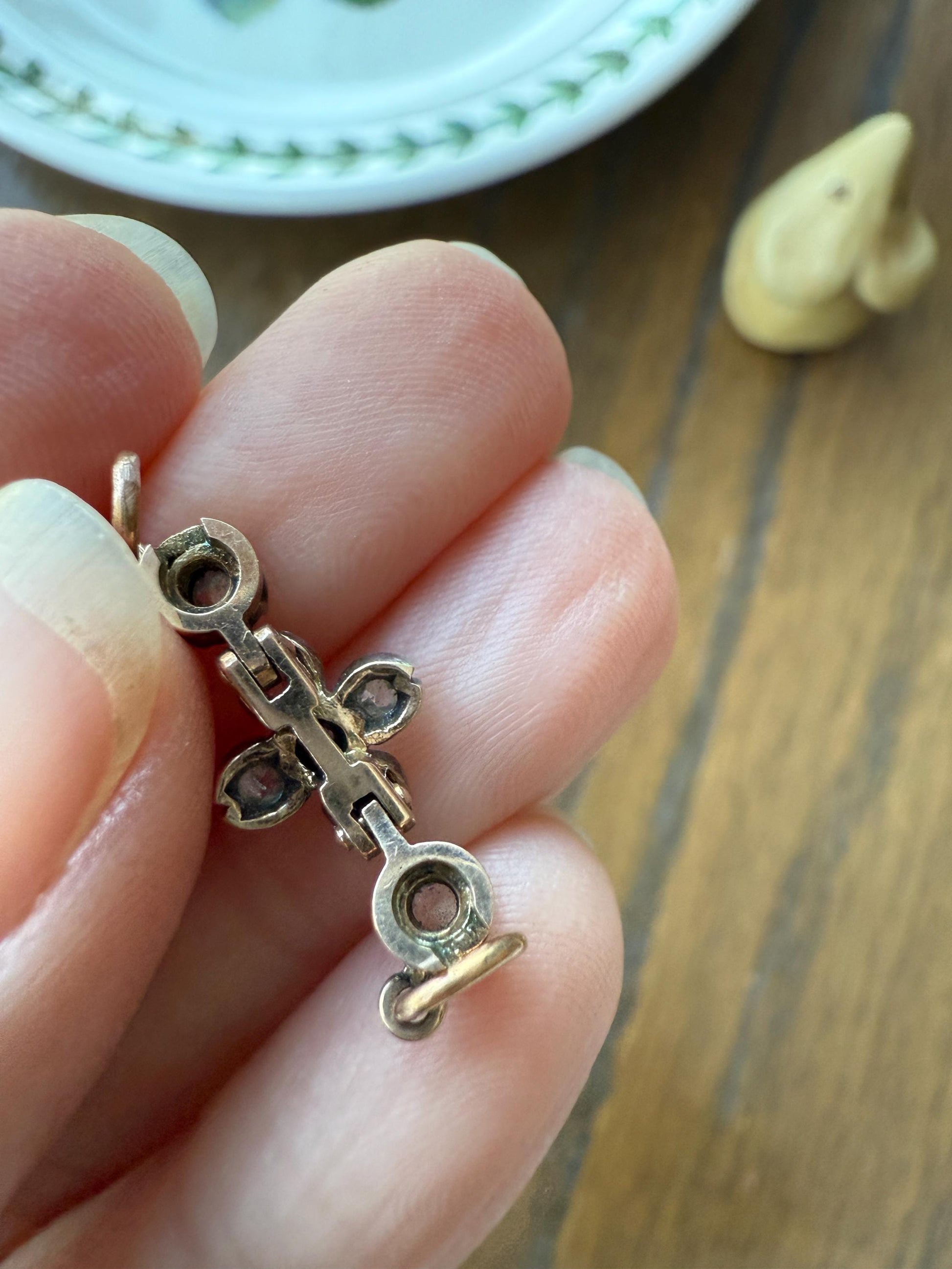 FLOWER Antique Rose Cut Diamond Hinged Pendant Forget Me Not Extender Connector Floral Sparkle Encrusted Figural Victorian Parts Findings