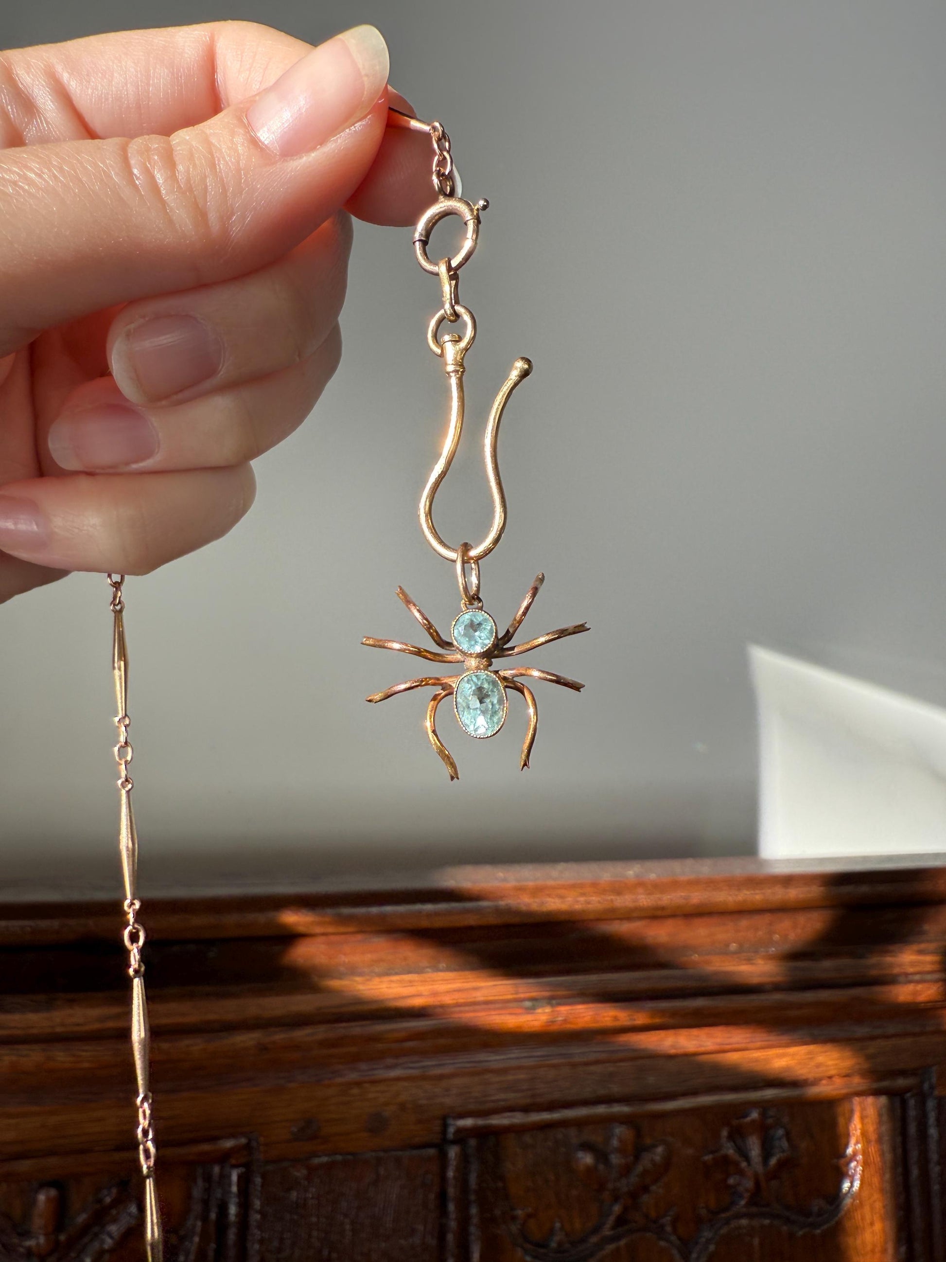 SPIDER Victorian Antique Figural 10k Gold Light Blue Paste Aquamarine Pendant Bugs Insects
