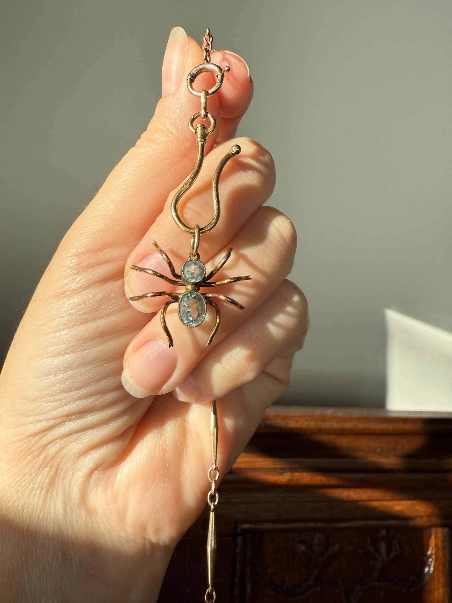 SPIDER Victorian Antique Figural 10k Gold Light Blue Paste Aquamarine Pendant Bugs Insects