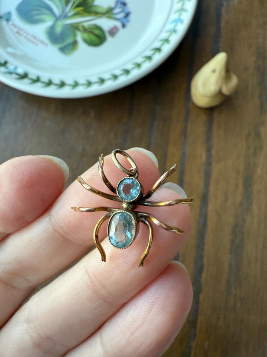 SPIDER Victorian Antique Figural 10k Gold Light Blue Paste Aquamarine Pendant Bugs Insects