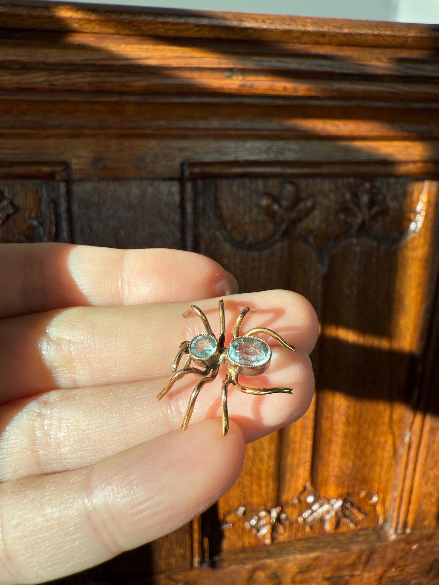 SPIDER Victorian Antique Figural 10k Gold Light Blue Paste Aquamarine Pendant Bugs Insects