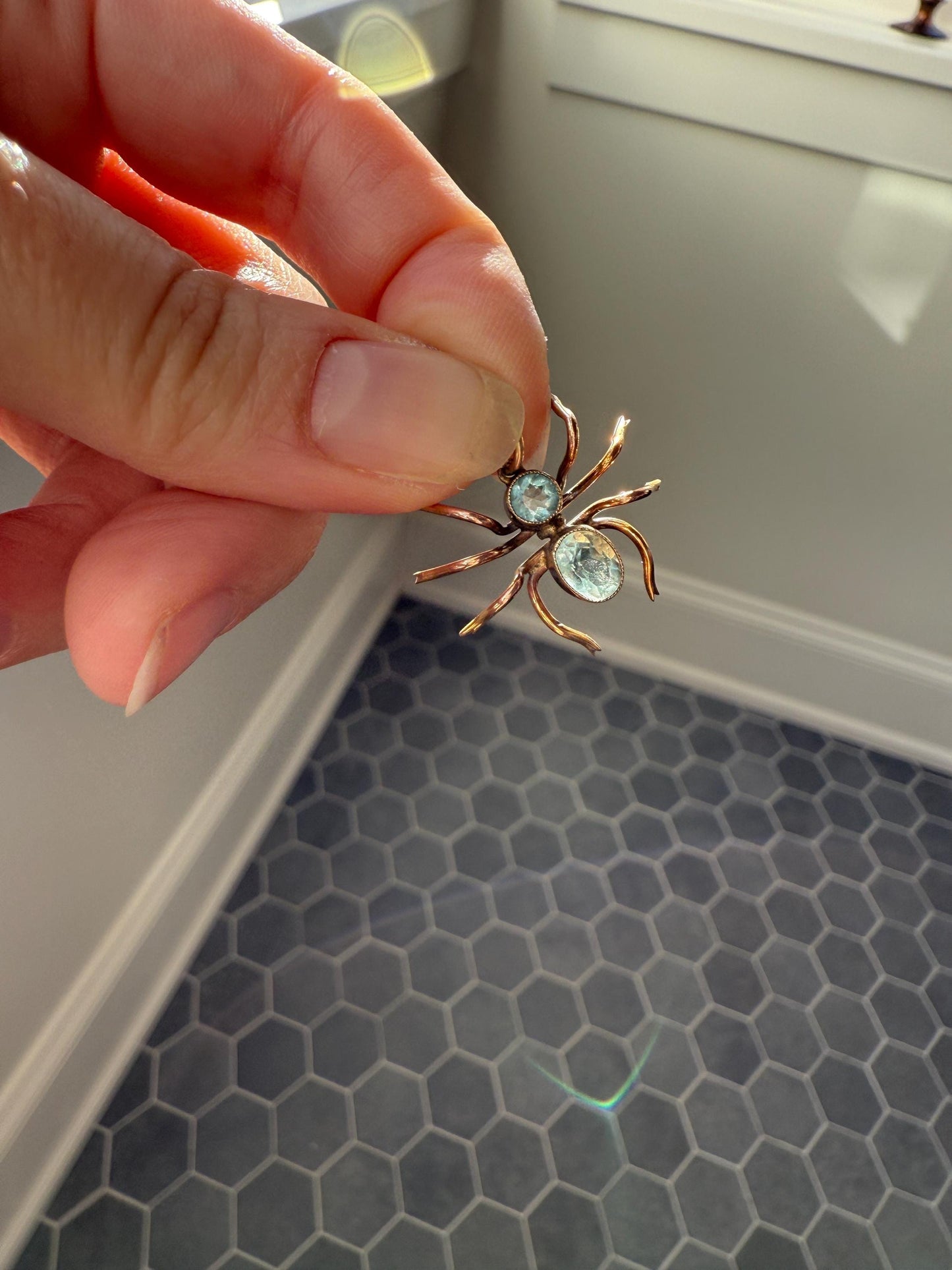 SPIDER Victorian Antique Figural 10k Gold Light Blue Paste Aquamarine Pendant Bugs Insects
