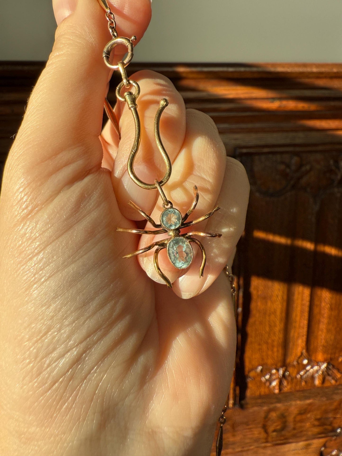 SPIDER Victorian Antique Figural 10k Gold Light Blue Paste Aquamarine Pendant Bugs Insects