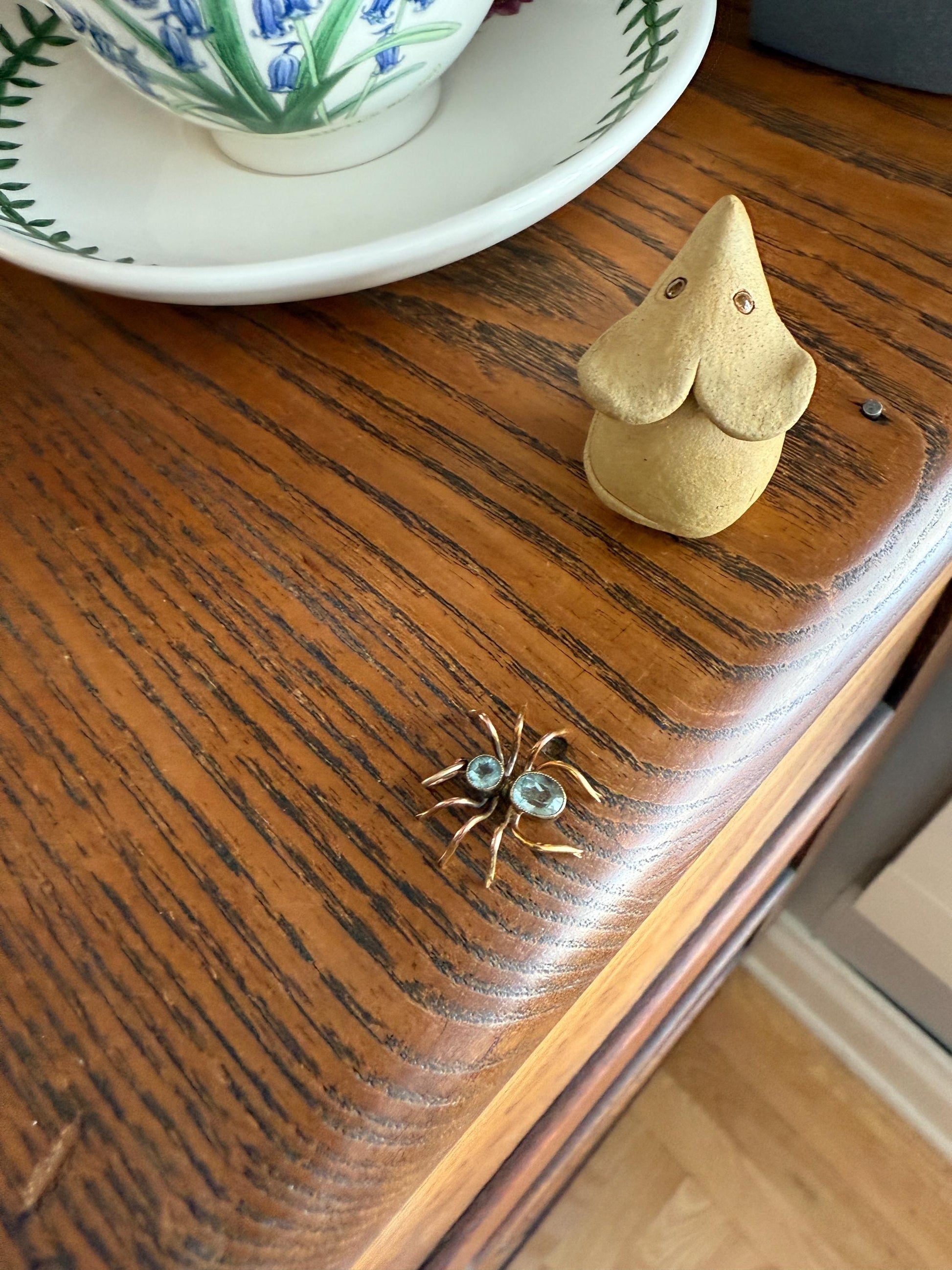 SPIDER Victorian Antique Figural 10k Gold Light Blue Paste Aquamarine Pendant Bugs Insects