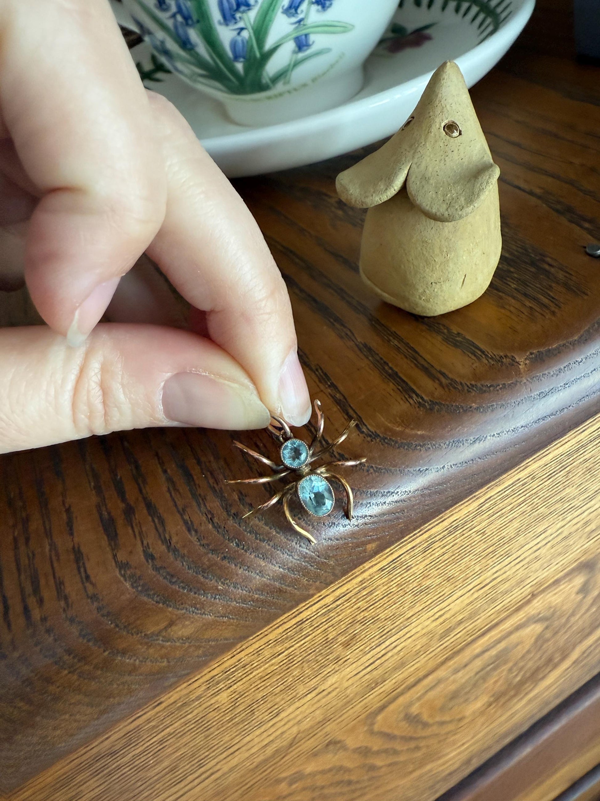 SPIDER Victorian Antique Figural 10k Gold Light Blue Paste Aquamarine Pendant Bugs Insects